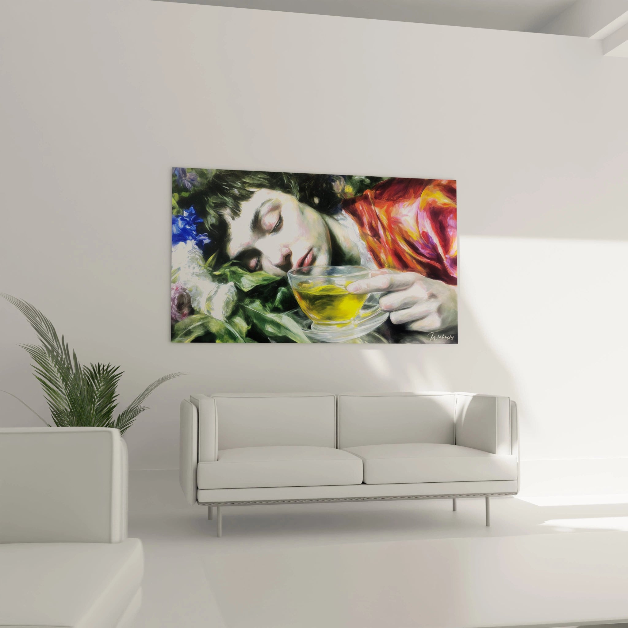 tableau hyperréalisme femme Walensky représentant une femme endormie tenant une tasse jaune parmi des fleurs dans un décor mural