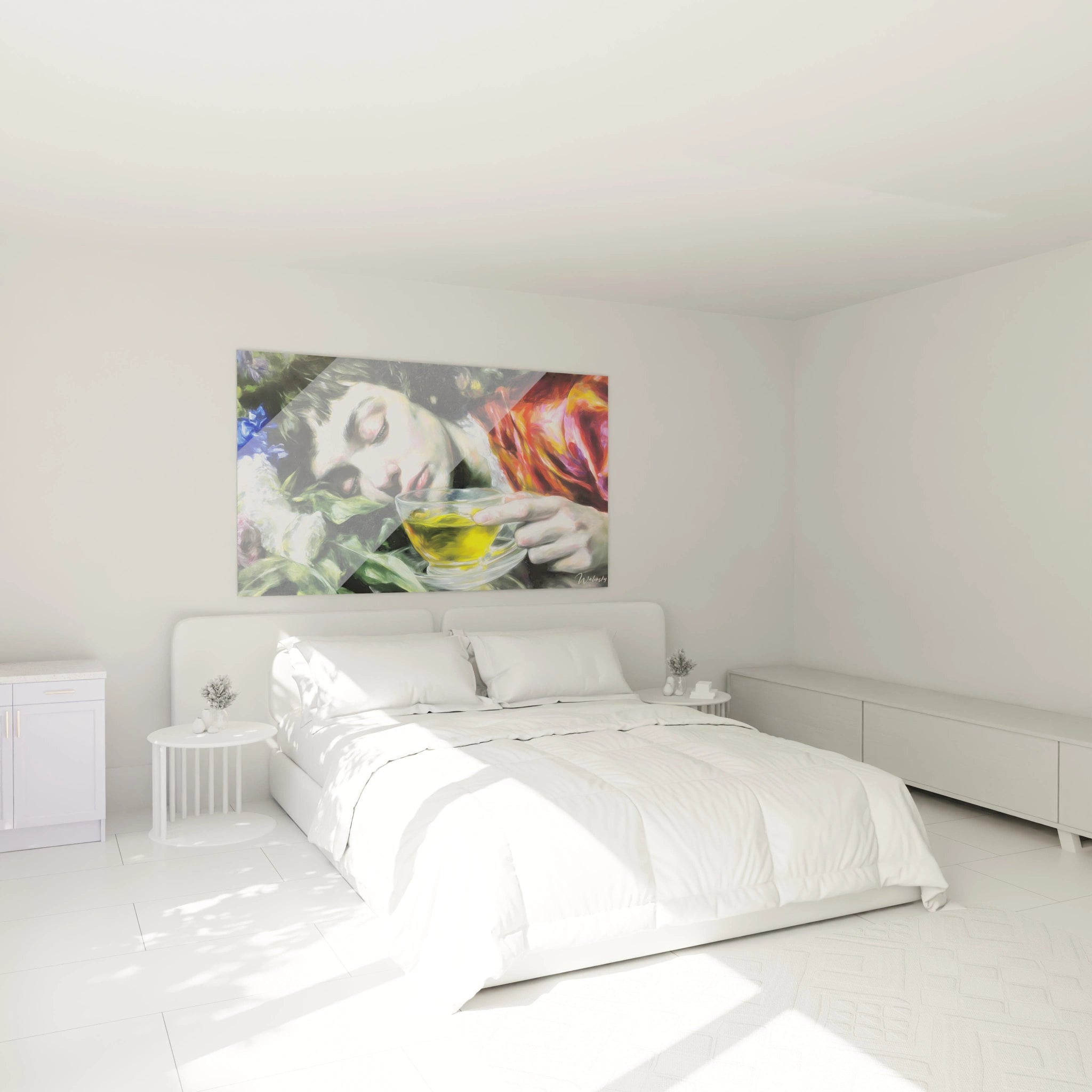 Walensky tableau mural tableau hyperréalisme femme représentant une femme aux yeux fermés tenant une tasse verte au dessus du lit