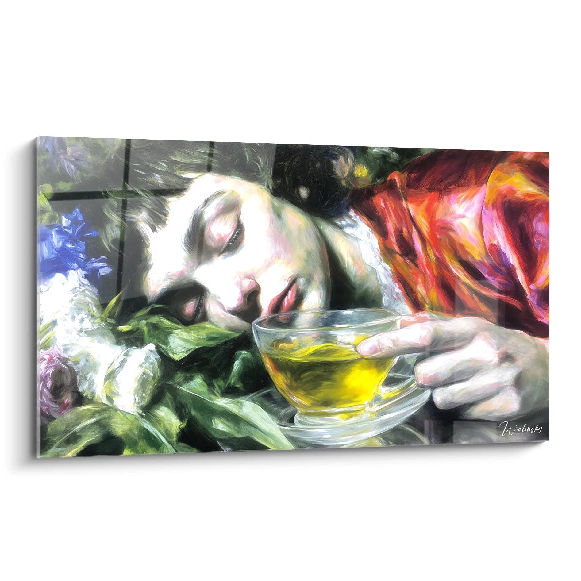 tableau hyperréalisme femme endormie tenant une tasse de thé sur lit de fleurs par Walensky