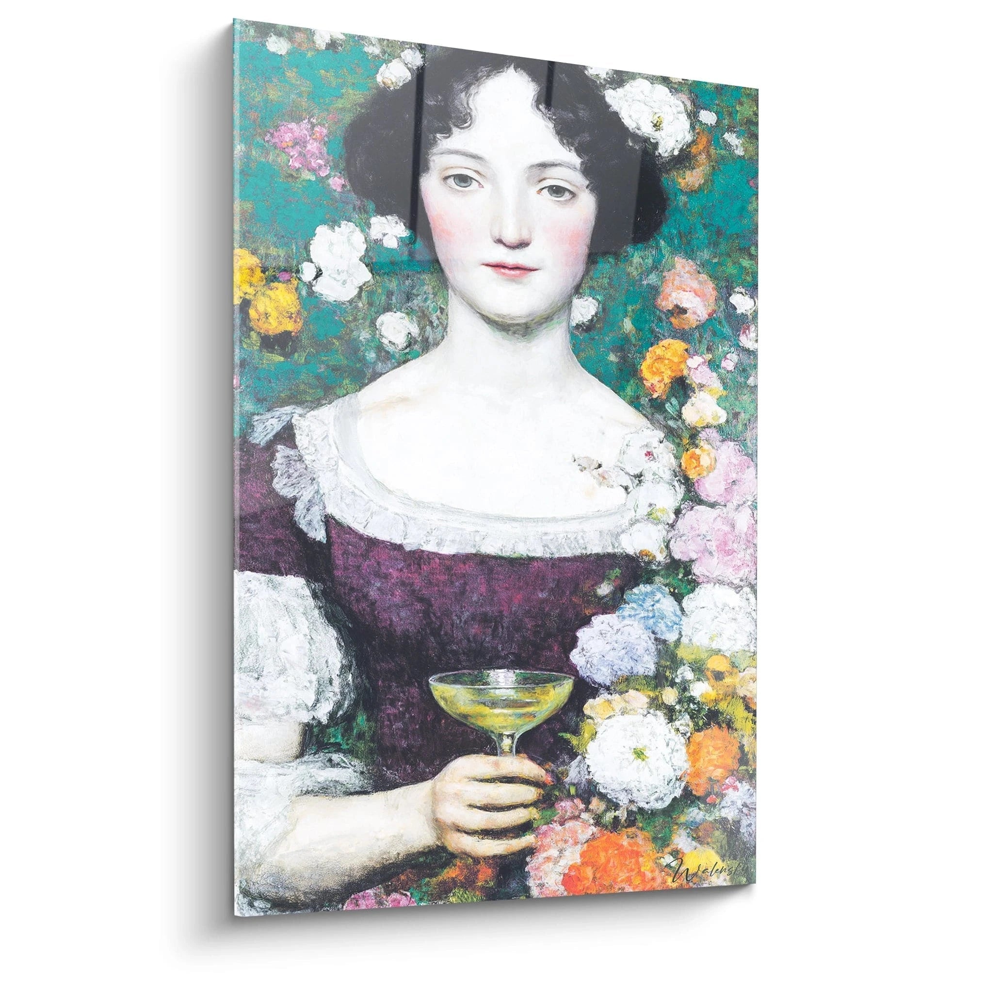 Walensky tableau femme préraphaélite portrait victorien sur toile avec fleurs et coupe tenue à la main pour décoration murale