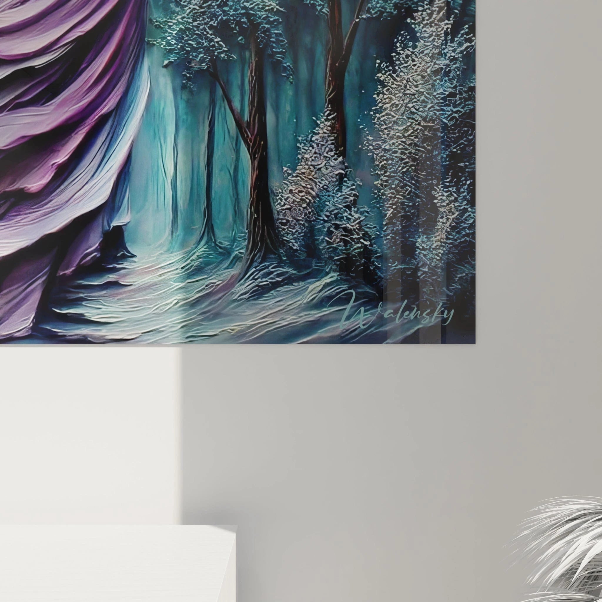 Vue ensemble tableau mural femme cerisiers plumes violettes décoration murale fantastique Banshee