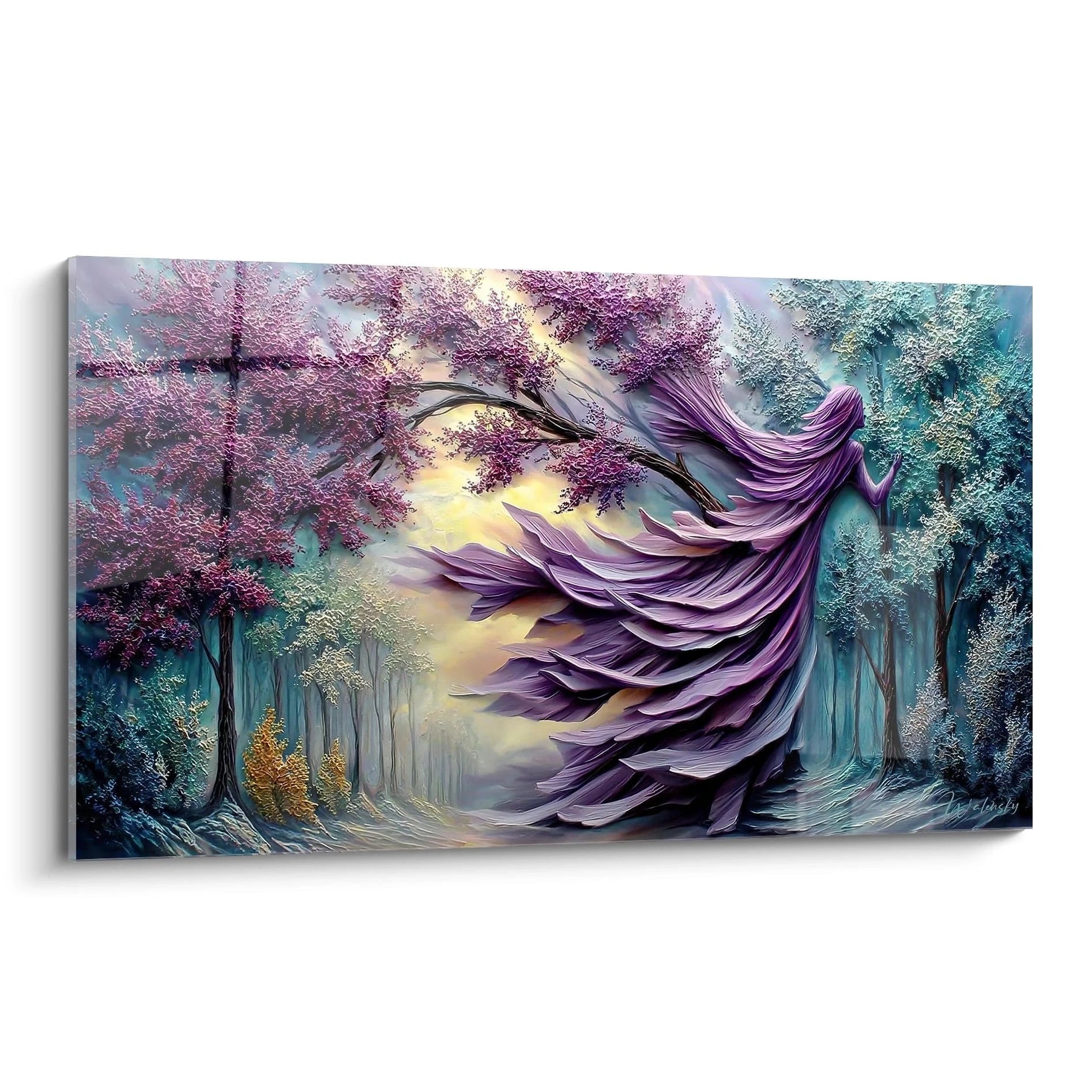 Tableau femme mystique cheveux plumes violettes forêt cerisiers roses art mural fantastique édition Banshee