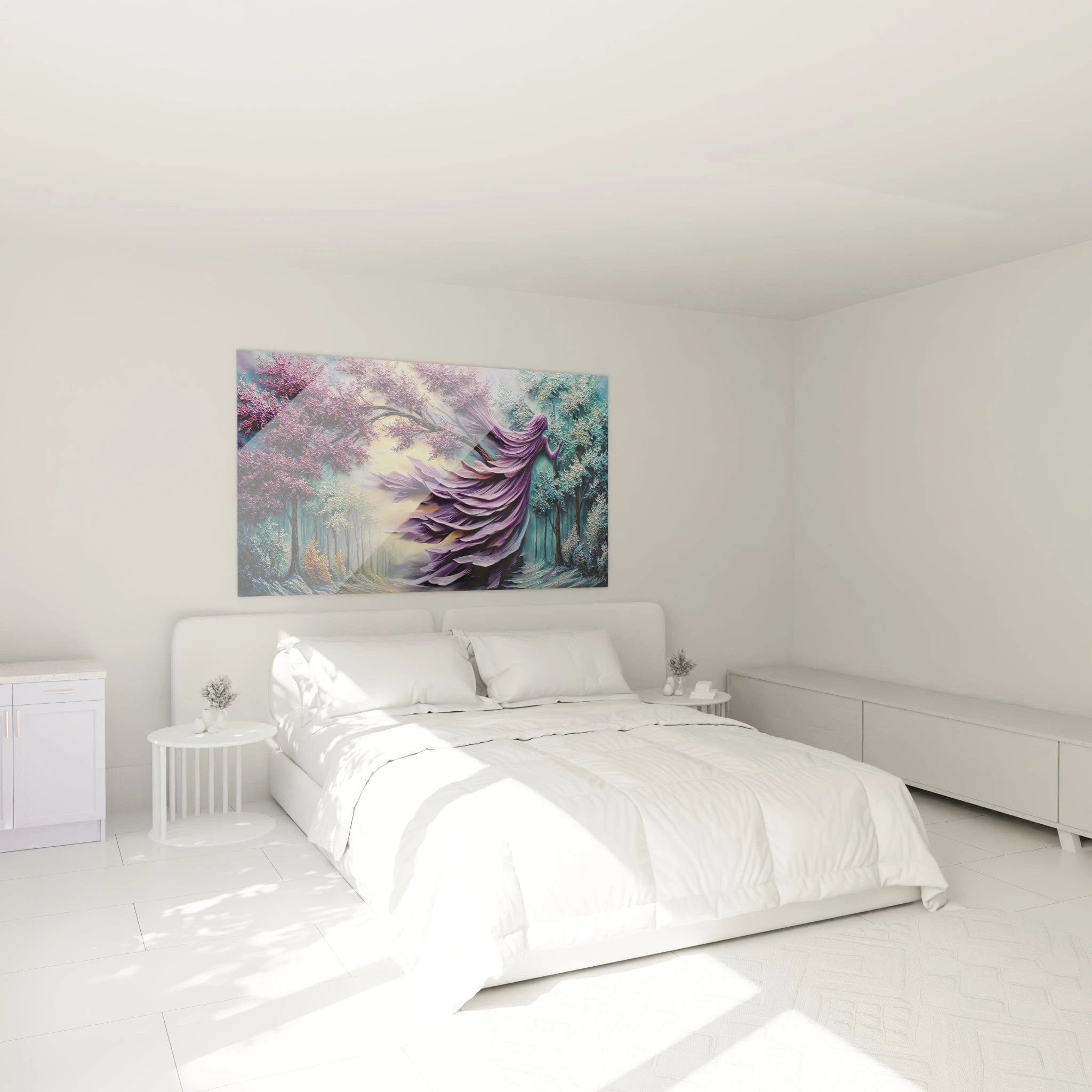 Ambiance chambre avec tableau décoratif femme plumes cerisiers style mystique art mural Banshee