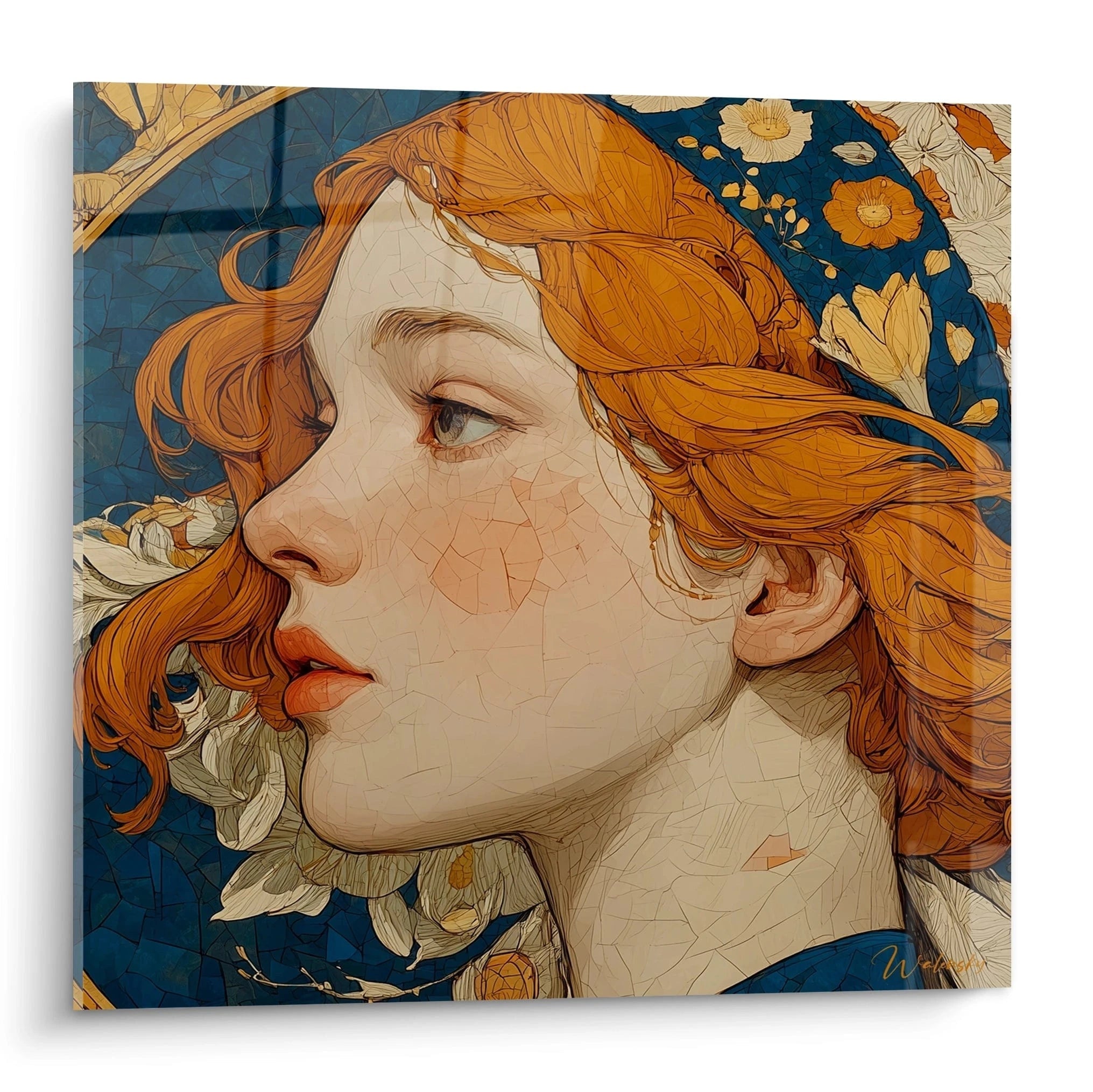 tableau femme art nouveau Walensky portrait de profil femme rousse aux cheveux ondules et motifs floraux
