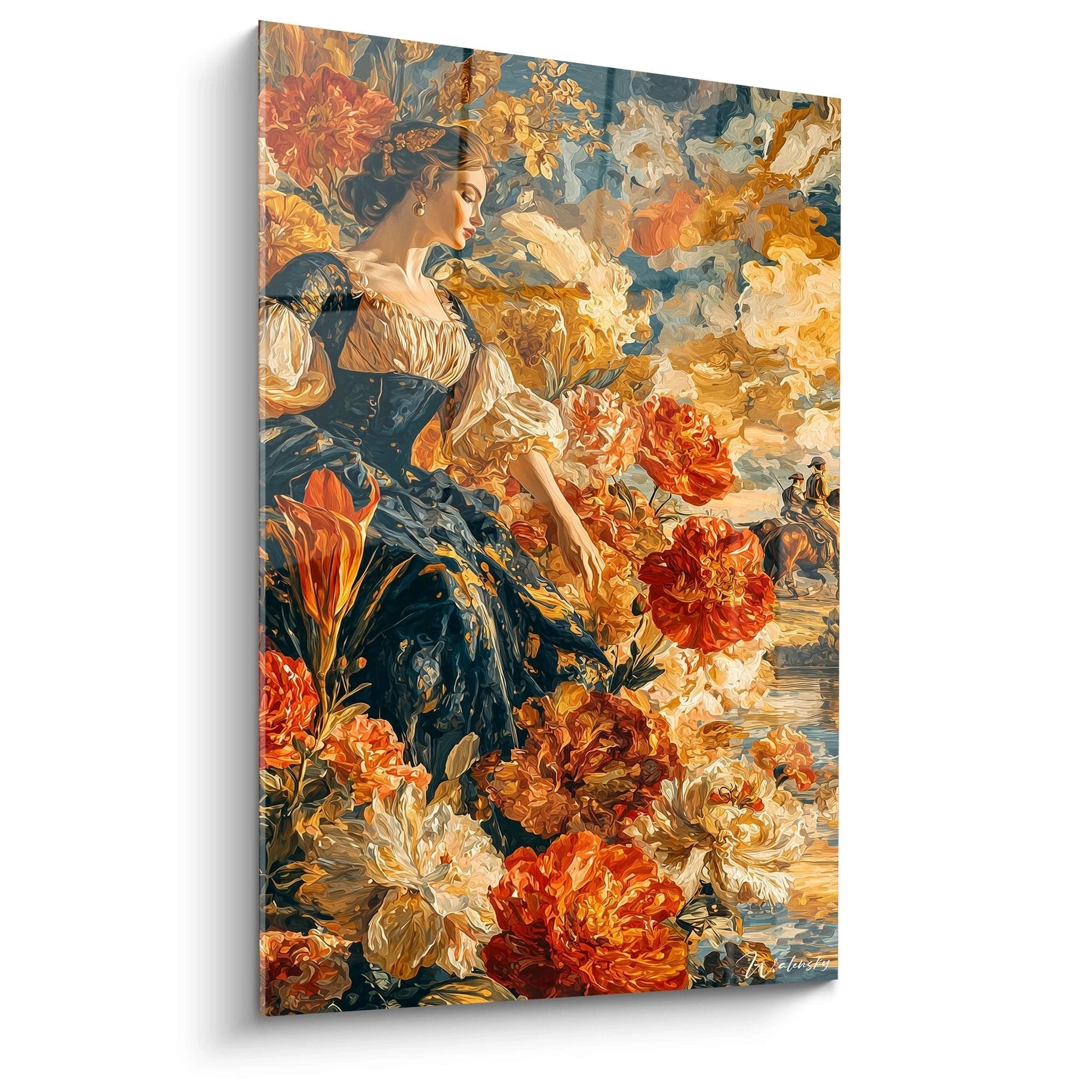Walensky tableau femme aux fleurs peinture murale baroque avec femme en robe et fleurs orange