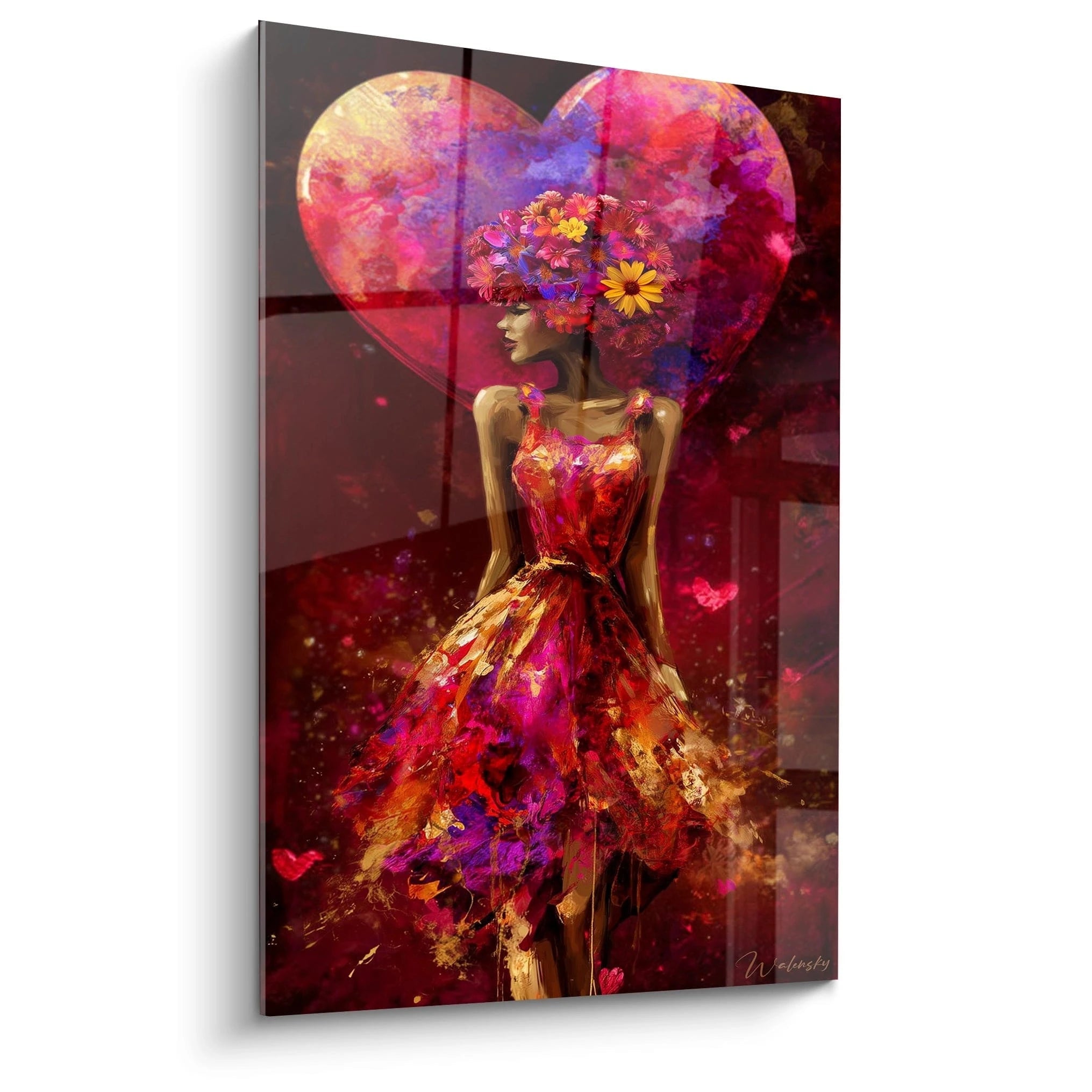 tableau femme aux fleurs Walensky peinture murale d une femme en robe et coiffure florales sur fond coeur rouge