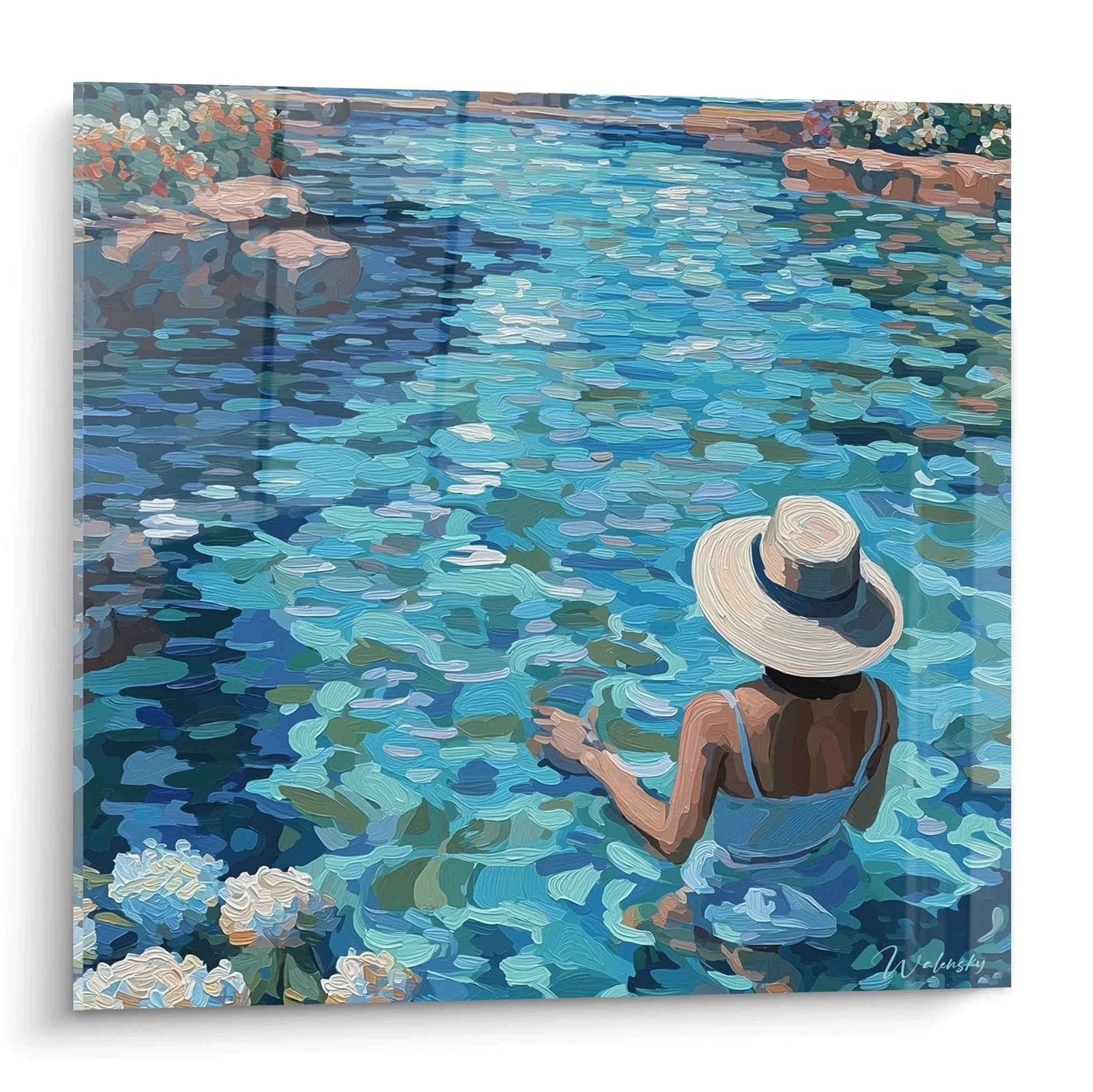 Walensky tableau femme bain décor estival femme de dos dans eau turquoise portant chapeau de paille