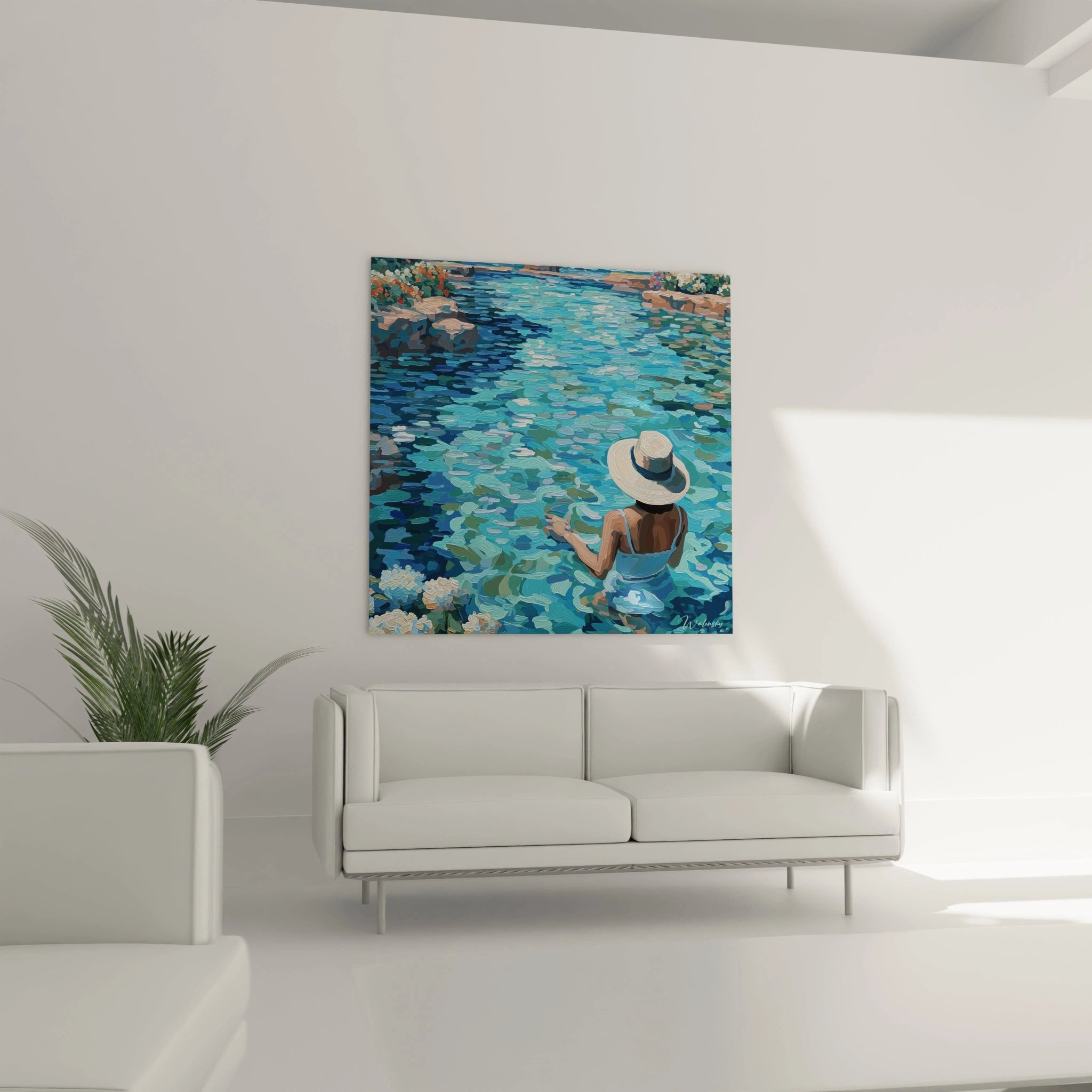 Tableau mural Walensky représentant une femme au bain coiffée d un chapeau sur eau turquoise tableau femme bain décor estival