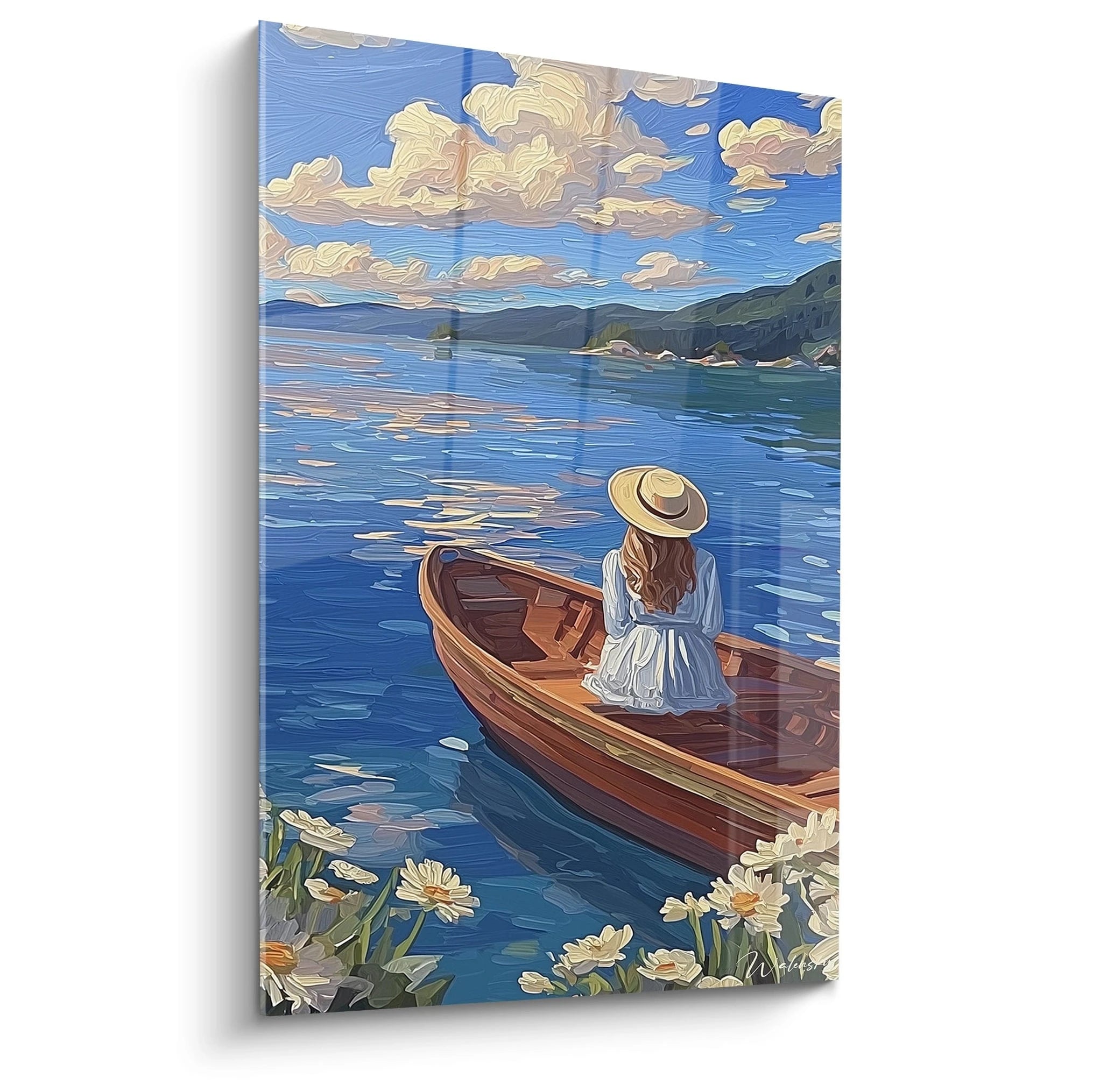 tableau femme barque flottante montrant une femme en robe blanche et chapeau assise dans une barque sur lac calme