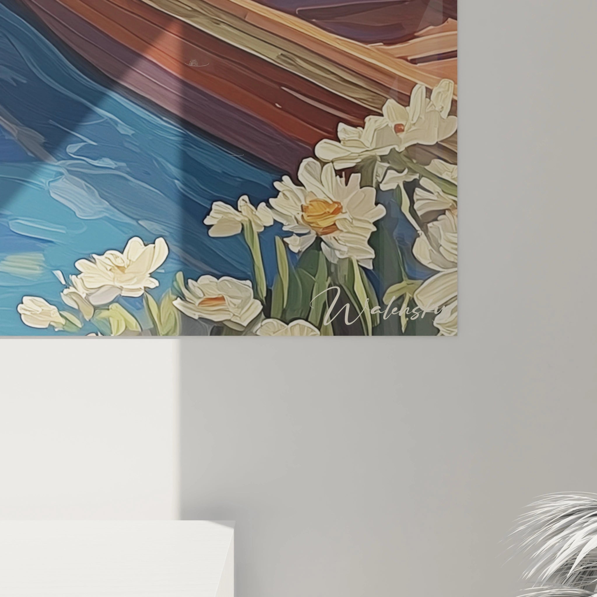 tableau femme barque flottante Walensky peinture murale fleurs blanches barque colorée sur l eau