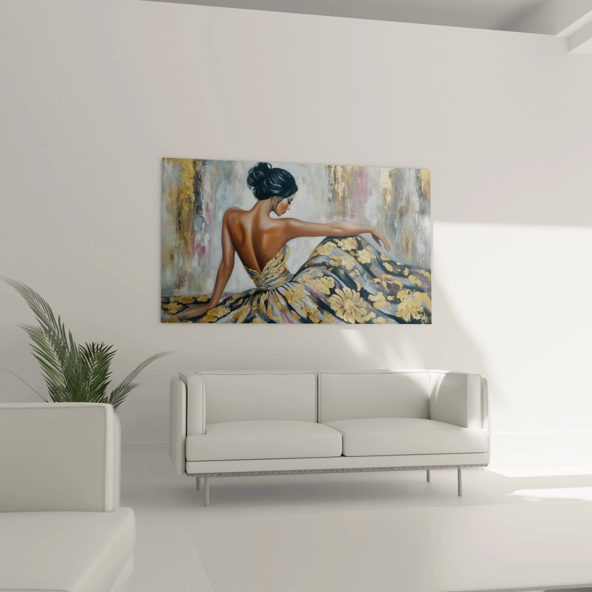Tableau femme élégante moderne de Walensky représentant une femme en robe florale dans un intérieur minimaliste
