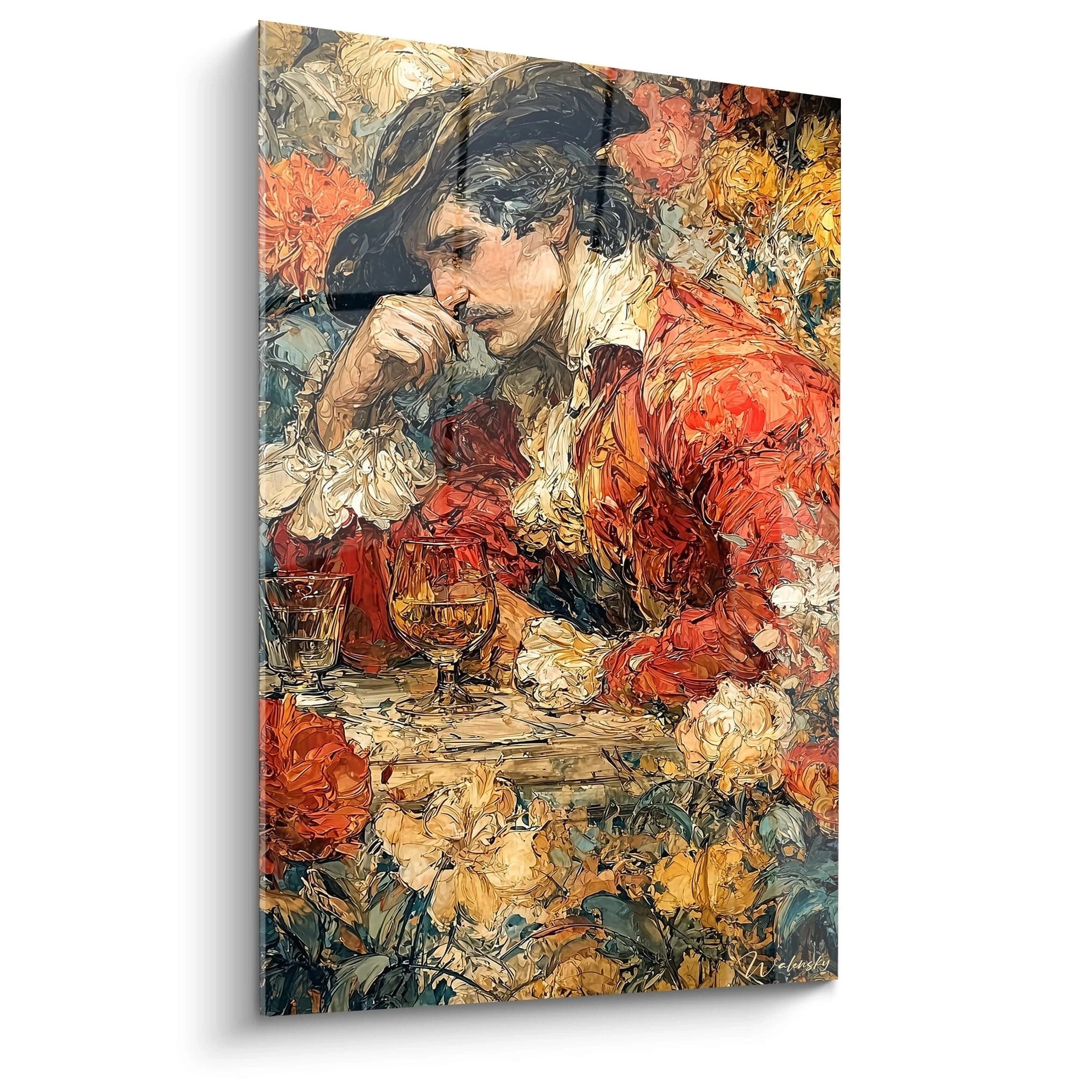 Tableau mural Walensky tableau femme renaissance inclus montrant un homme en costume renaissance assis parmi des fleurs