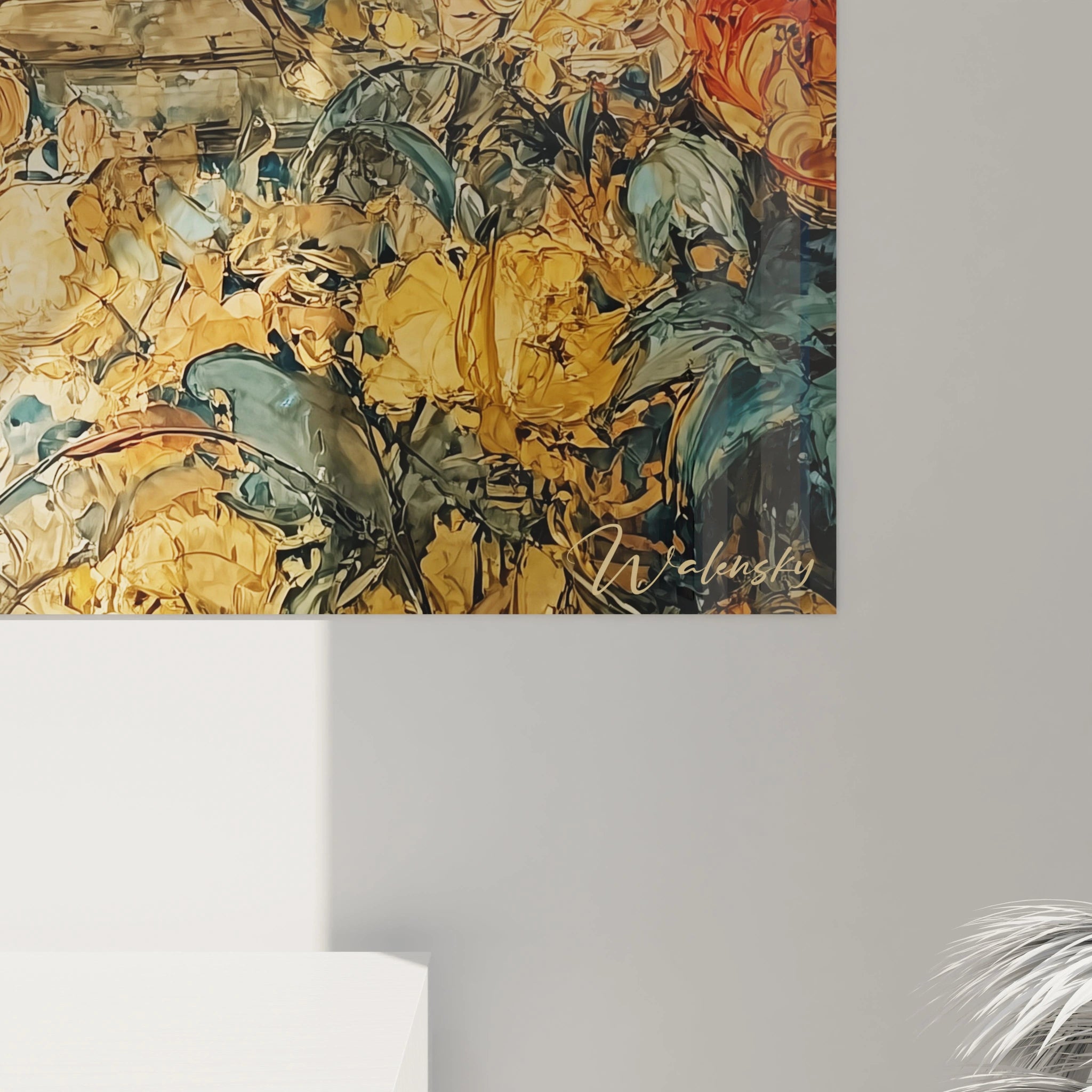 tableau femme renaissance Walensky peinture murale florale aux fleurs jaunes et feuillages verts sur mur gris