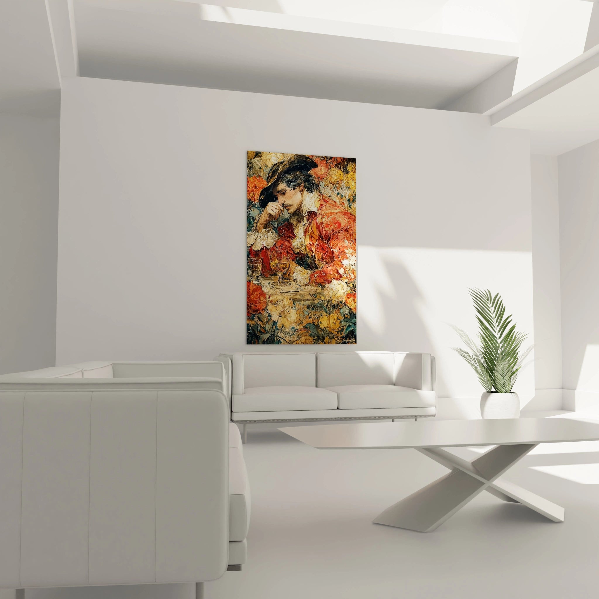 tableau femme renaissance Walensky representant une femme en tenue renaissance coloree accroche dans un salon moderne