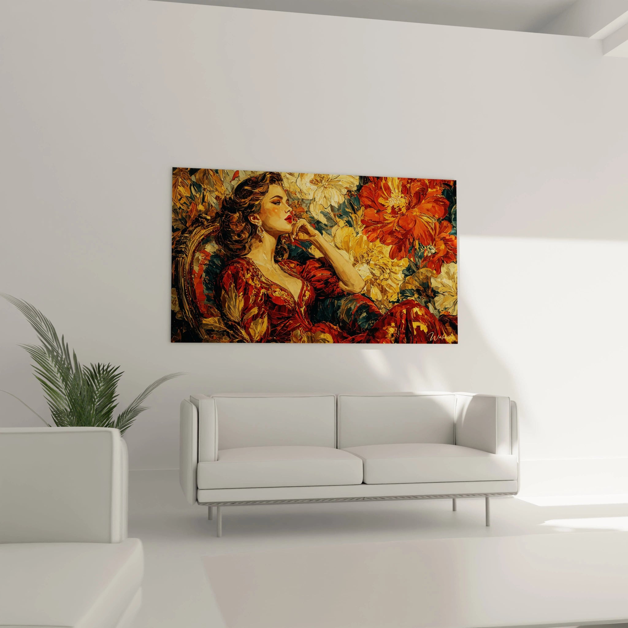 tableau gothique femme Walensky peinture murale femme romantique en rouge et or floral décor salon