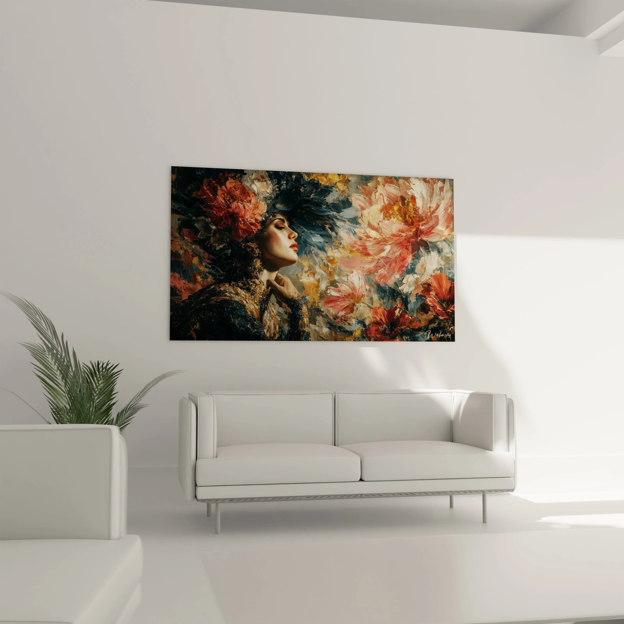 tableau femme gothique portrait de femme gothique sur toile riche en fleurs et couleurs sombres accroche au dessus du canape