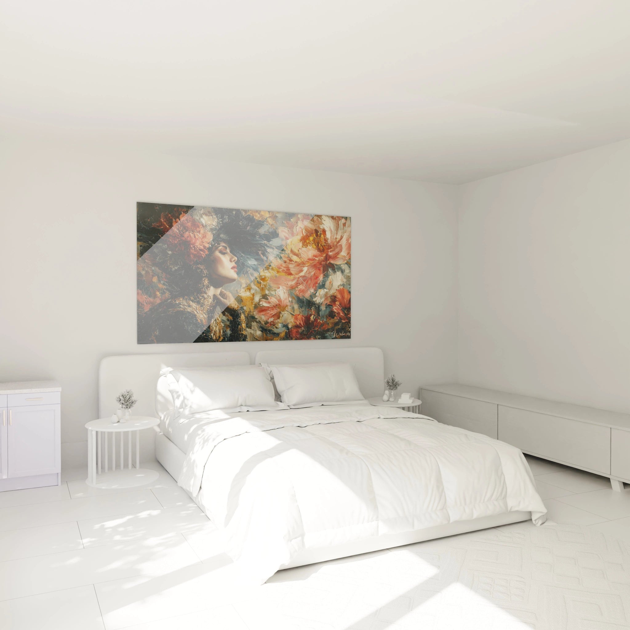 Walensky tableau femme gothique mural portrait féminin avec fleurs orange et noir au dessus du lit