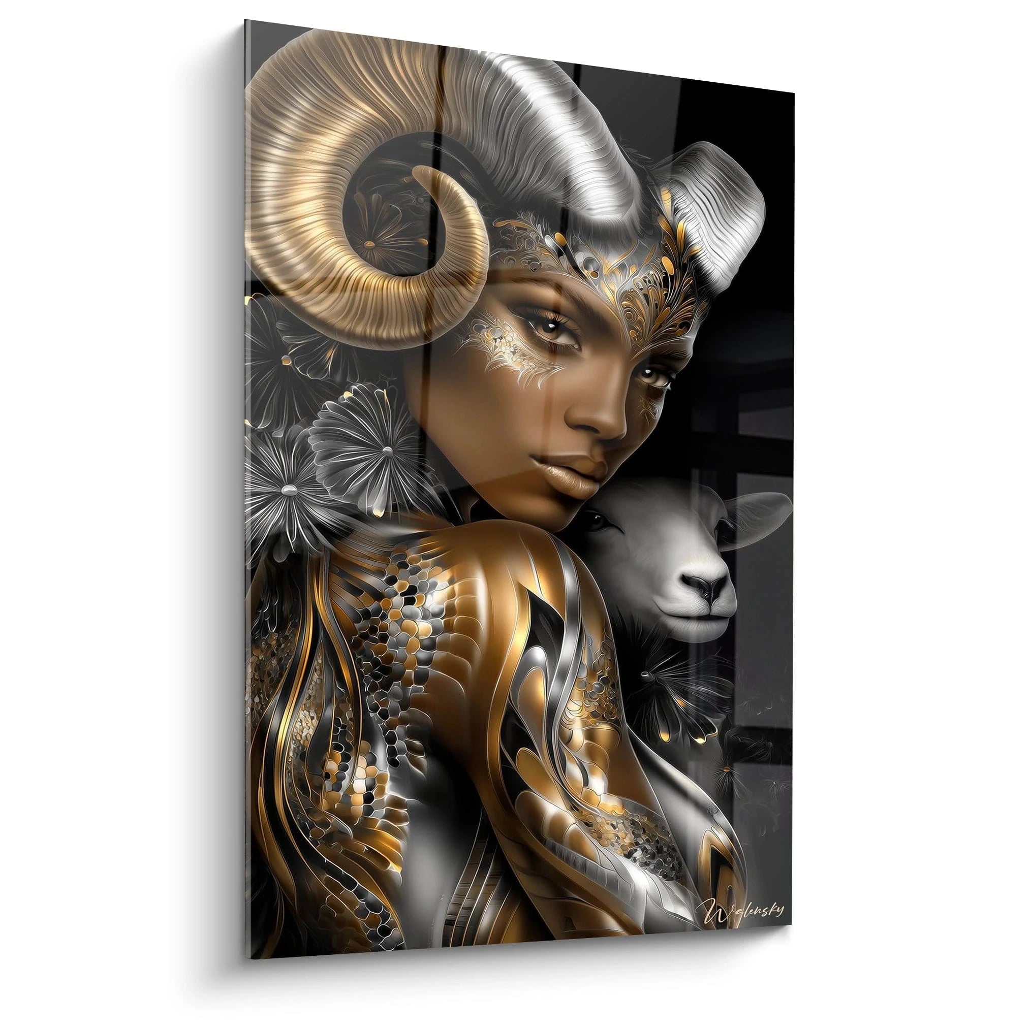 Tableau femme bélier aux cornes dorées, art mythologique contemporain édition l'or noir