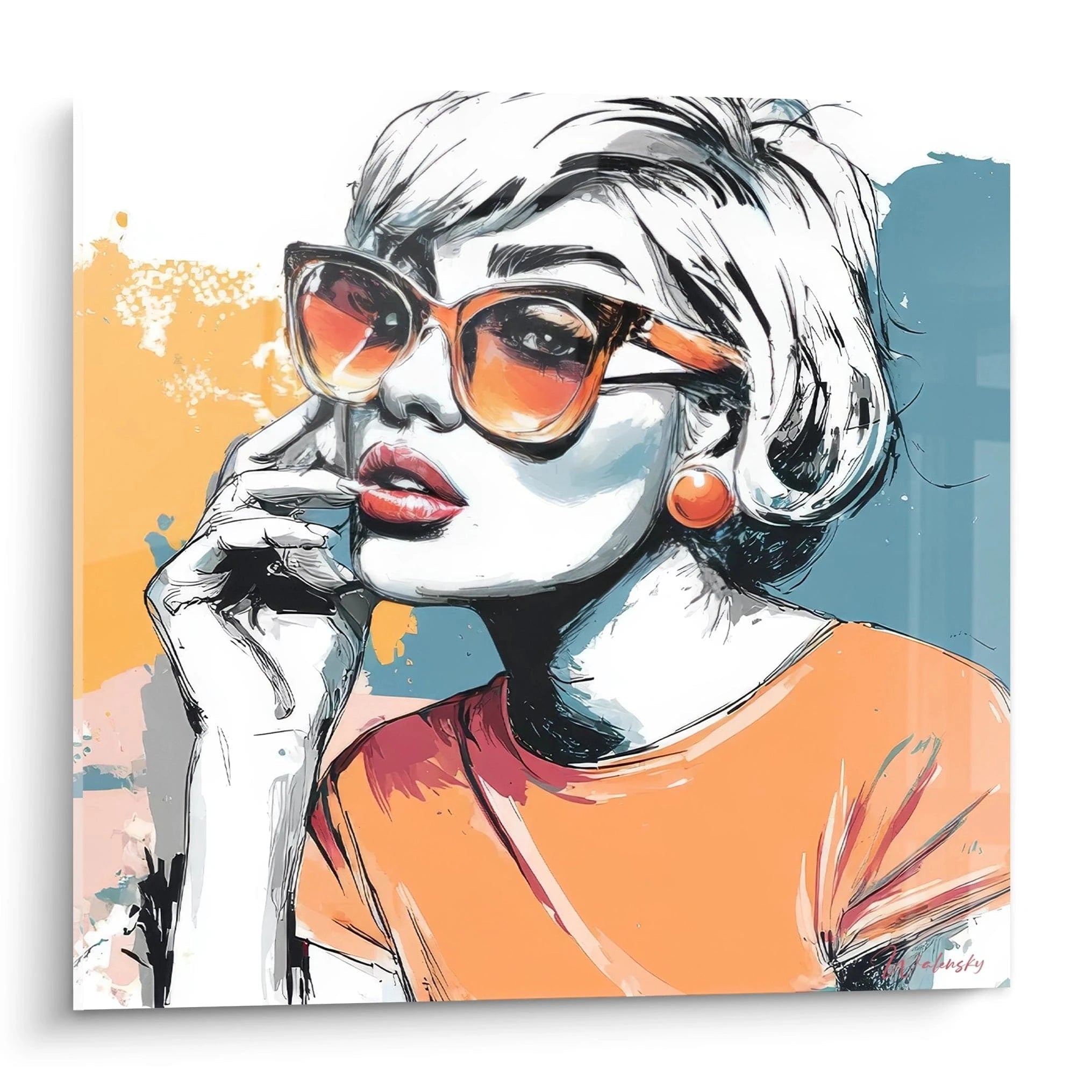 Tableau femme blonde moderne illustrant un portrait stylisé avec des lunettes de soleil et un t-shirt orange