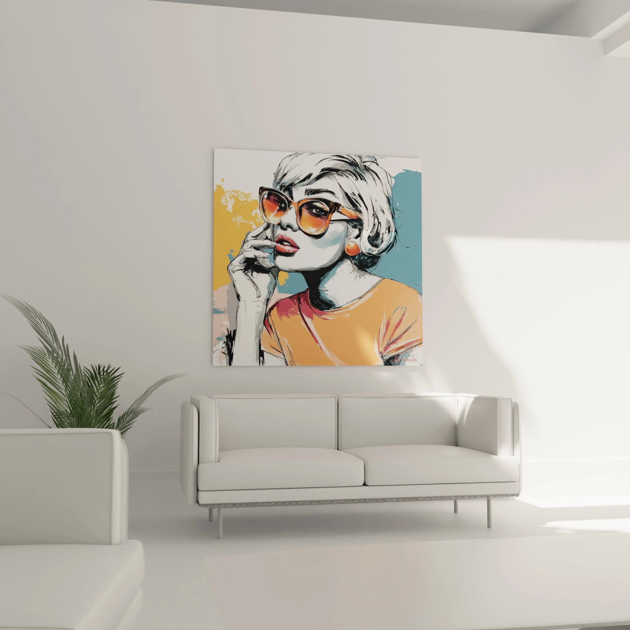 Tableau femme blonde moderne en style pop art avec des lunettes et un t-shirt orange