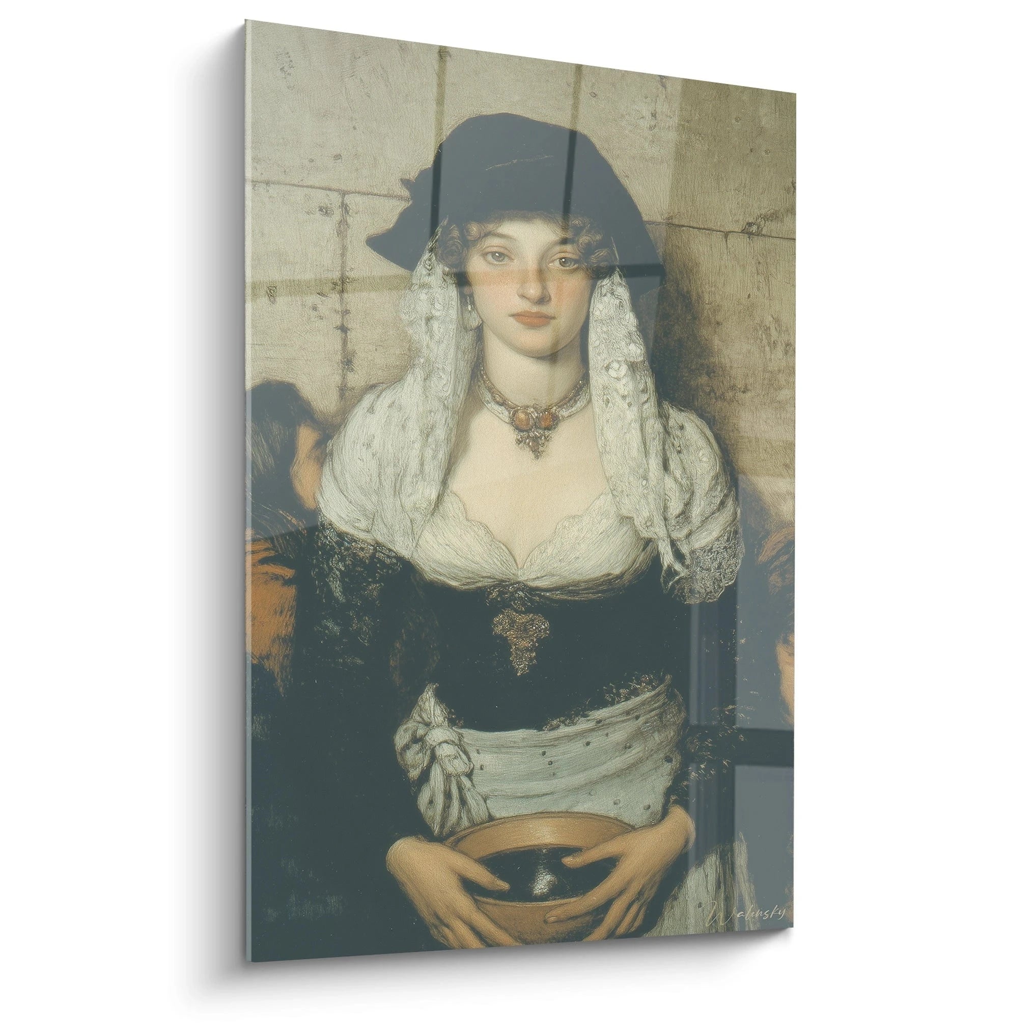 tableau réalisme femme Walensky portrait mural d'une femme en costume ancien tenant une coupe décorative