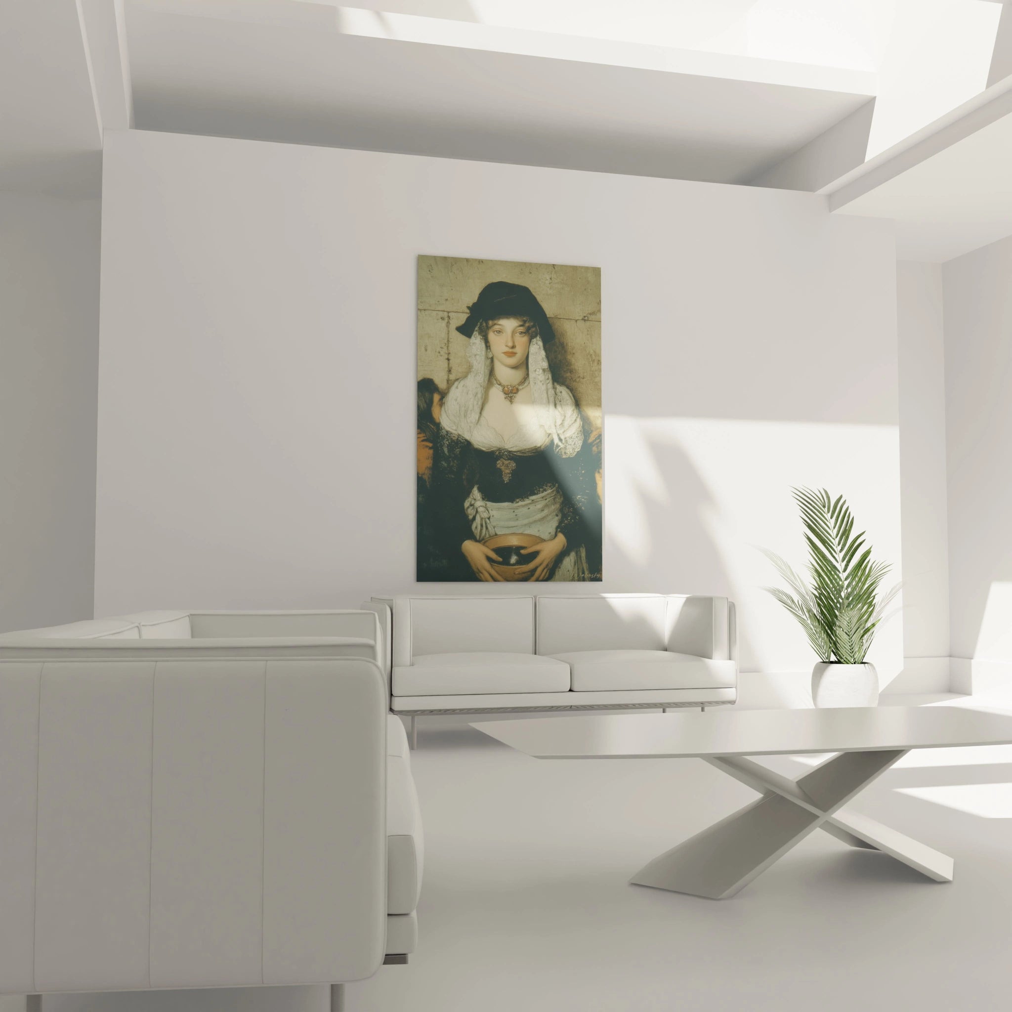 Tableau mural Walensky montrant tableau réalisme femme accroche au dessus d un canape blanc minimaliste
