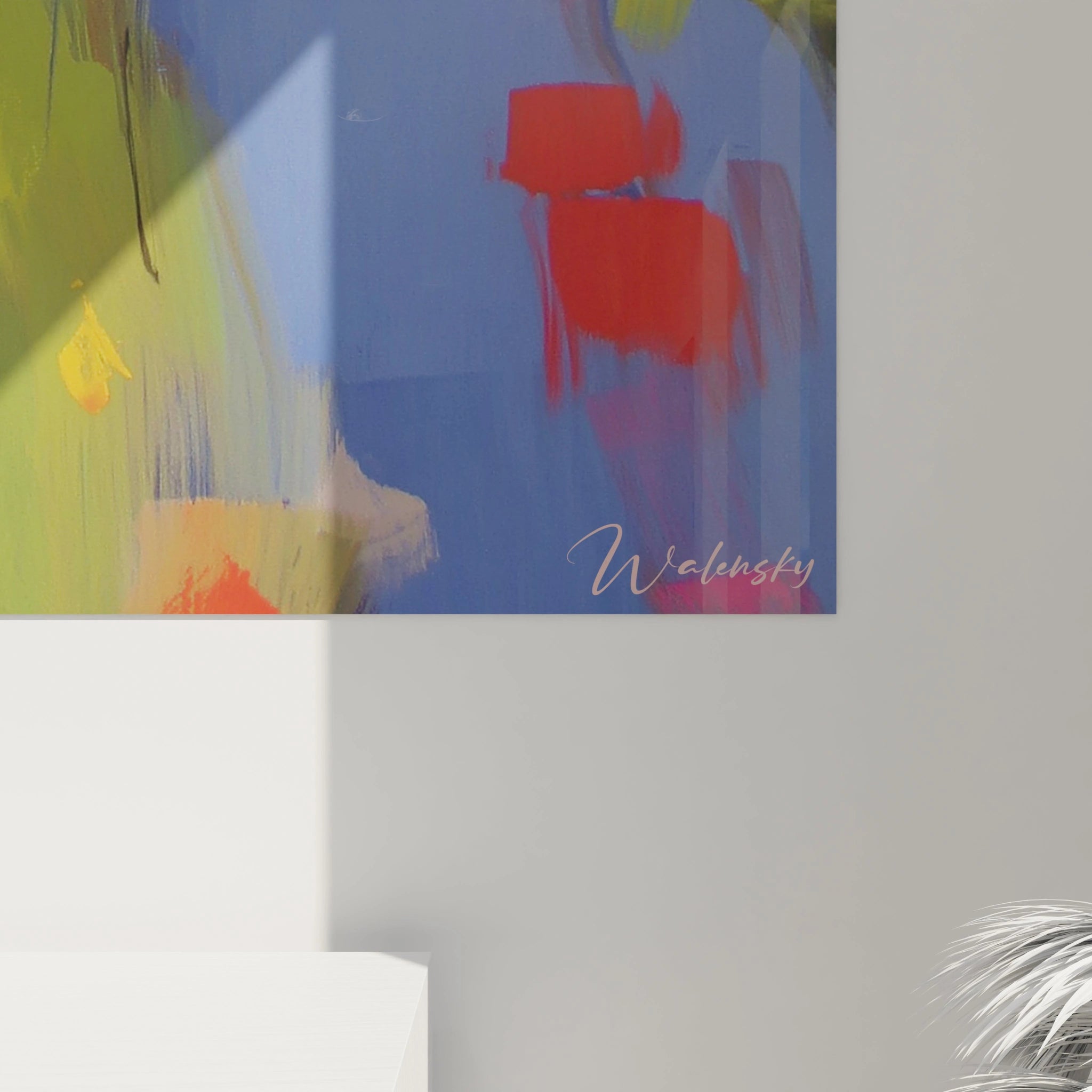 tableau impressionniste femme Walensky peinture murale abstraite bleu rouge touches jaunes signature visible