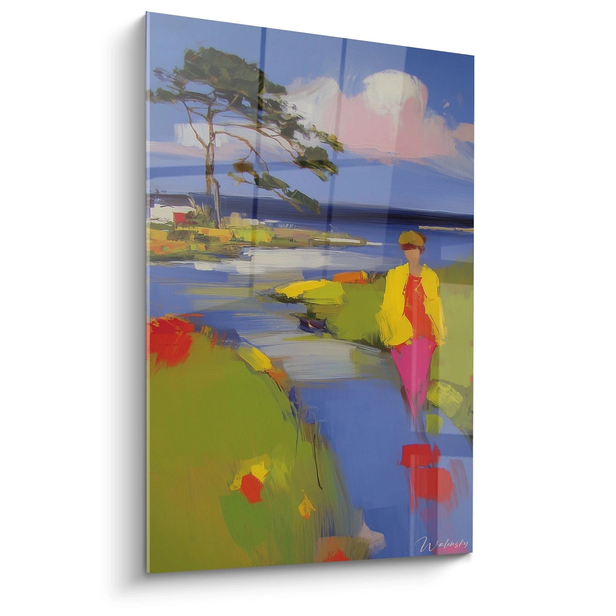 Walensky tableau impressionniste femme représentant une femme en promenade au bord de l eau couleurs vives et paysage côtier