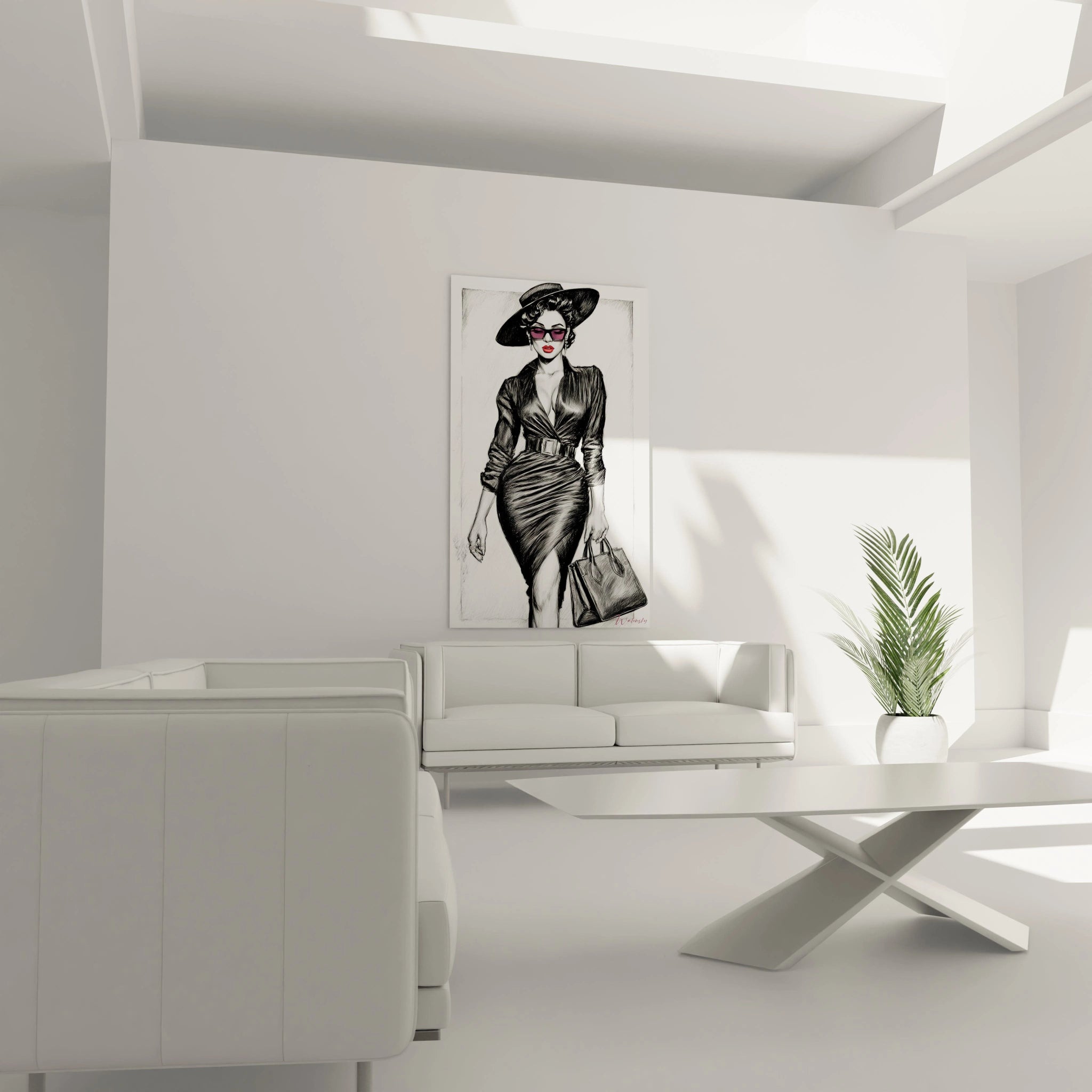 Tableau mural femme élégante chapeau en noir et blanc pour décoration intérieure moderne
