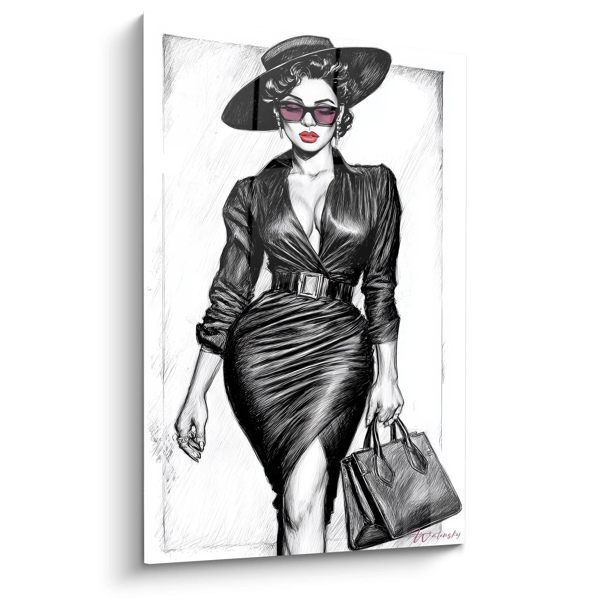 Tableau femme élégante chapeau avec un look chic et sophistiqué, portant une robe noire et des lunettes de soleil