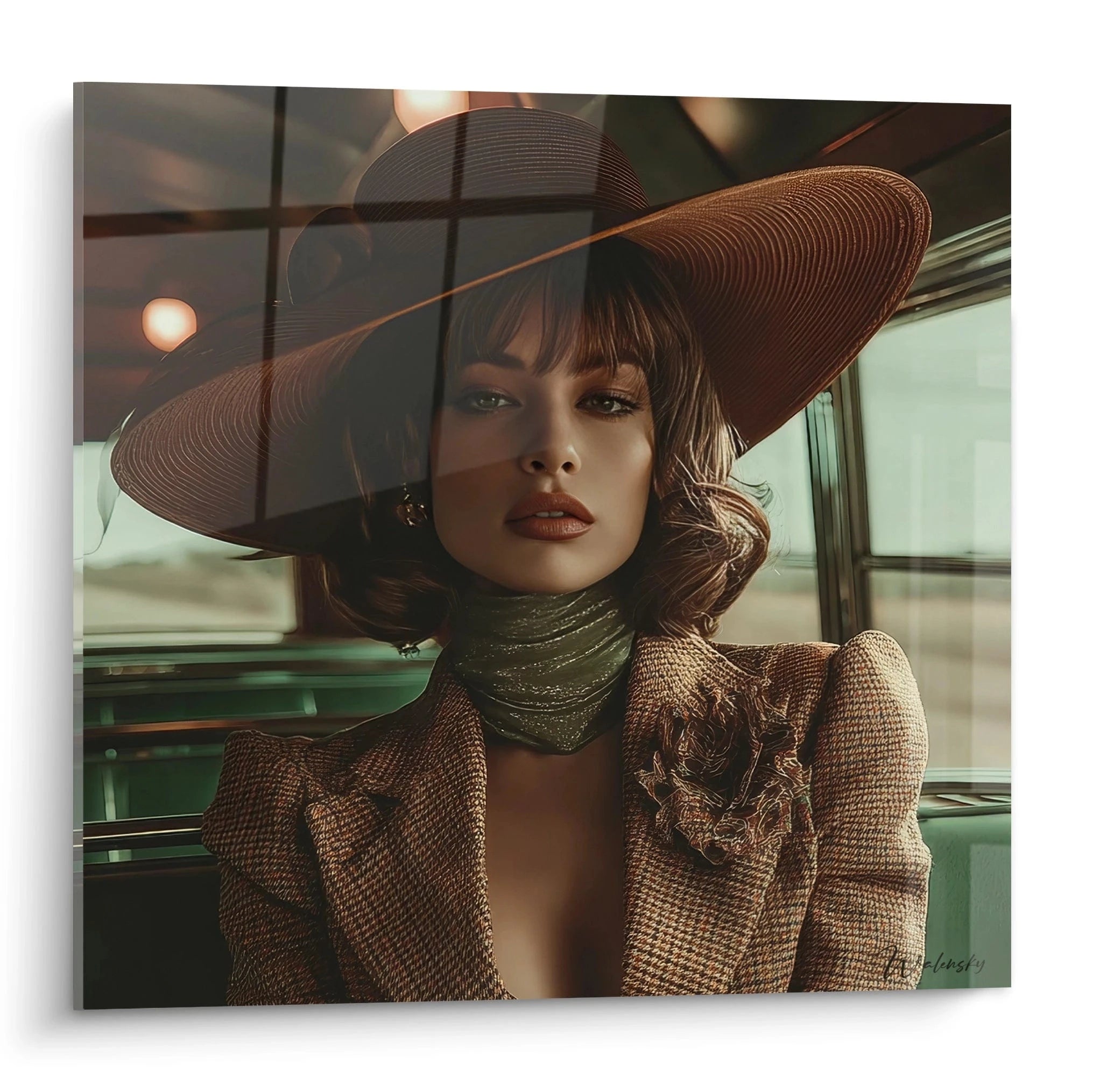 Tableau femme vintage avec un chapeau large et un style classique en arrière-plan de diner