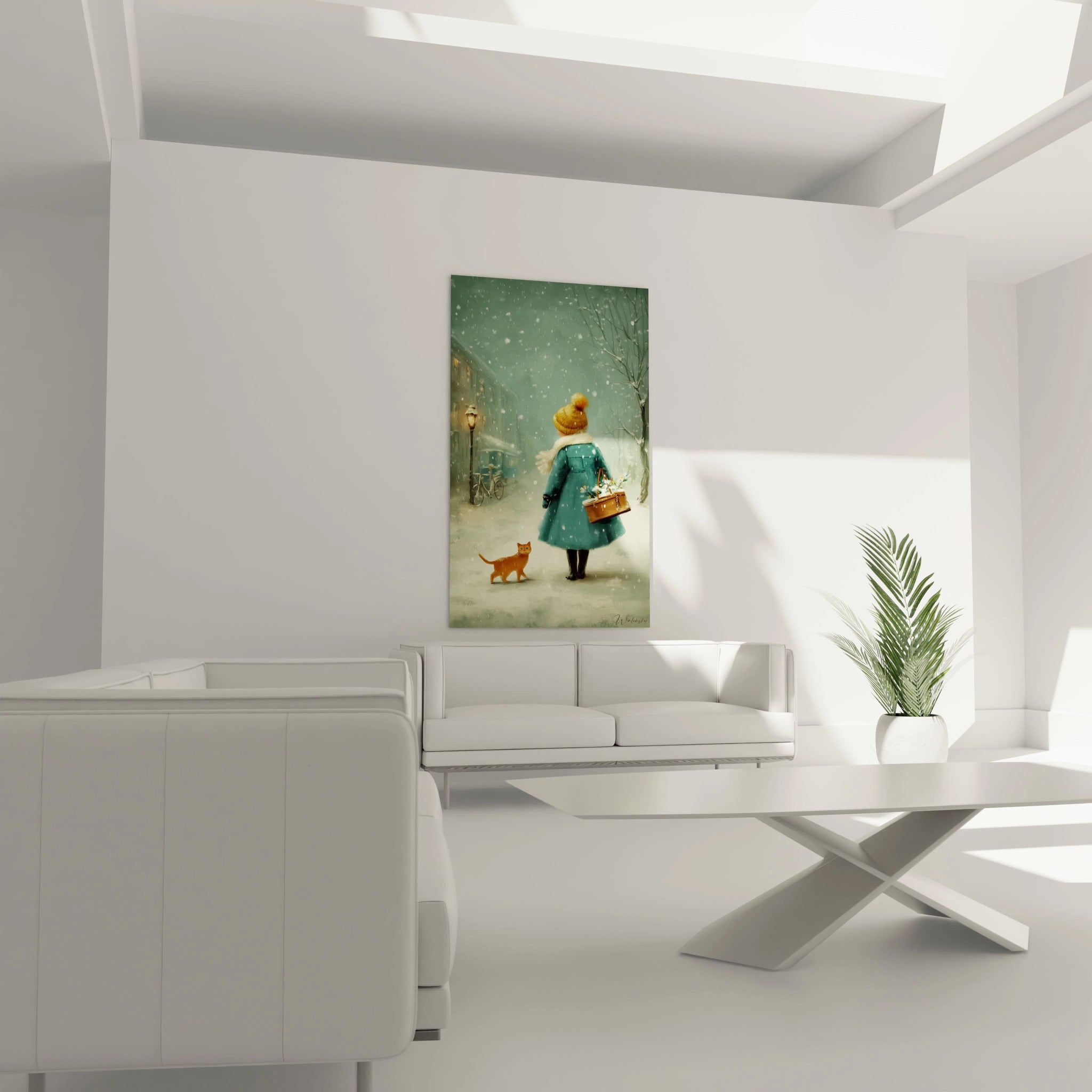 Walensky tableau femme chat hiver peinture murale verticale femme en manteau vert et chat roux sous la neige