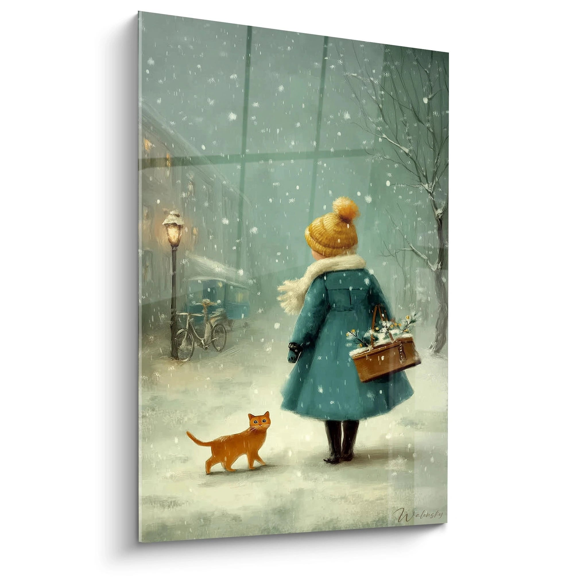 Walensky tableau femme chat hiver peinture murale d une femme en manteau bleu et chat roux dans la neige