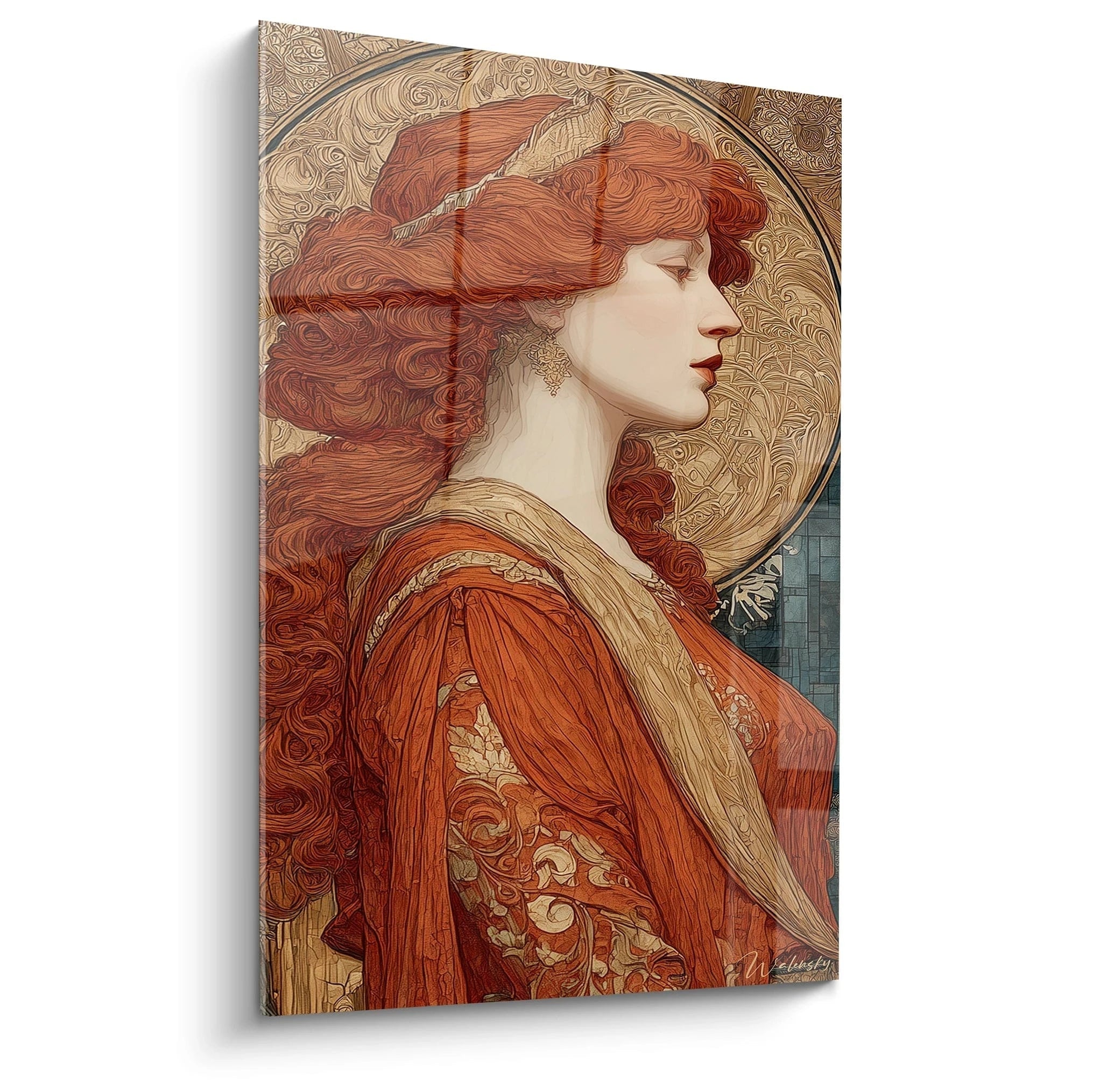 tableau femme art nouveau Walensky portrait de profil d une femme rousse avec halo orné et robe brodée