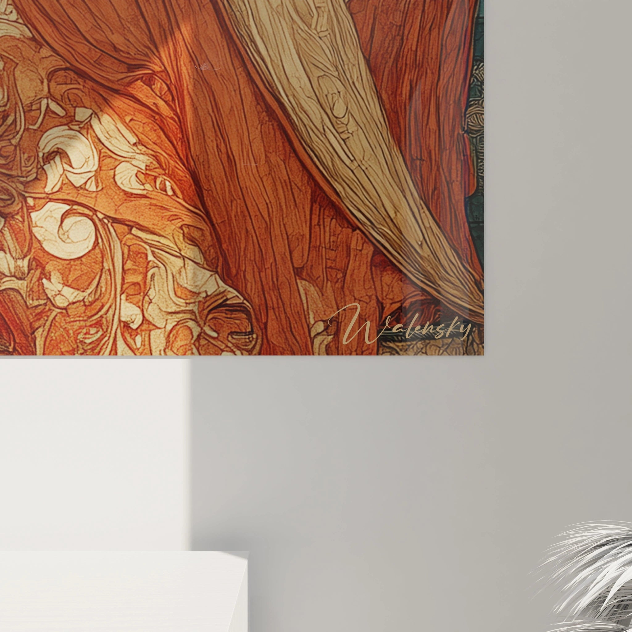 tableau femme art nouveau Walensky en gros plan aux tons orange et motifs floraux parfaite decoration murale moderne