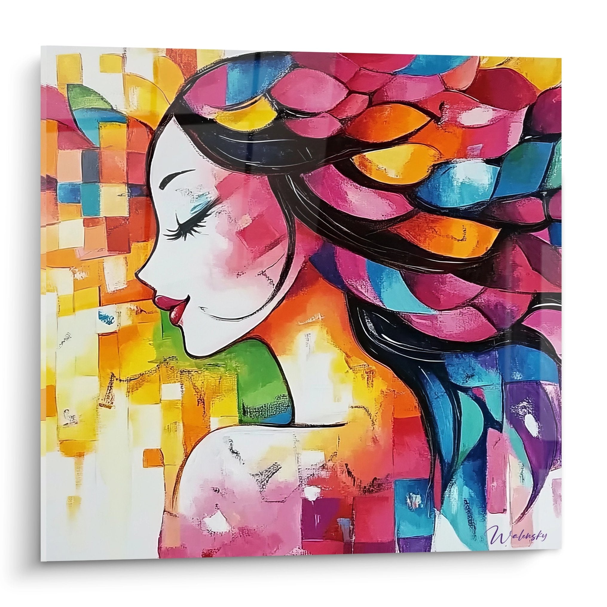 Tableau mural femme aux cheveux colorés abstraits, peinture moderne multicolore décorative