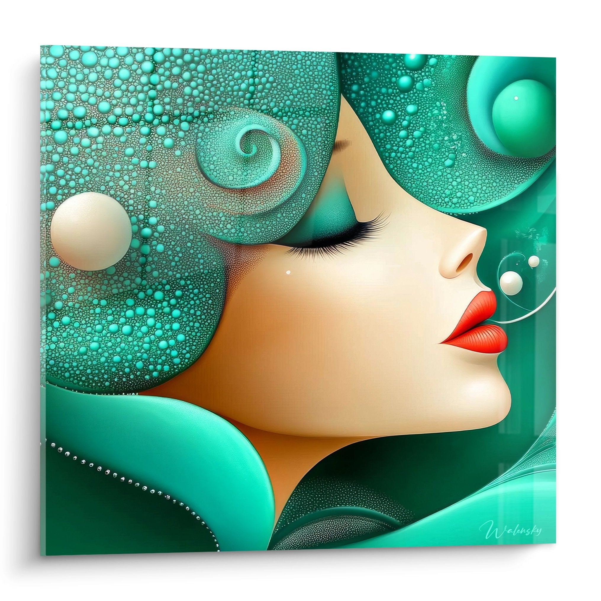 Tableau mural femme profil cheveux turquoise bulles cristallines art figuratif abstrait moderne décoratif