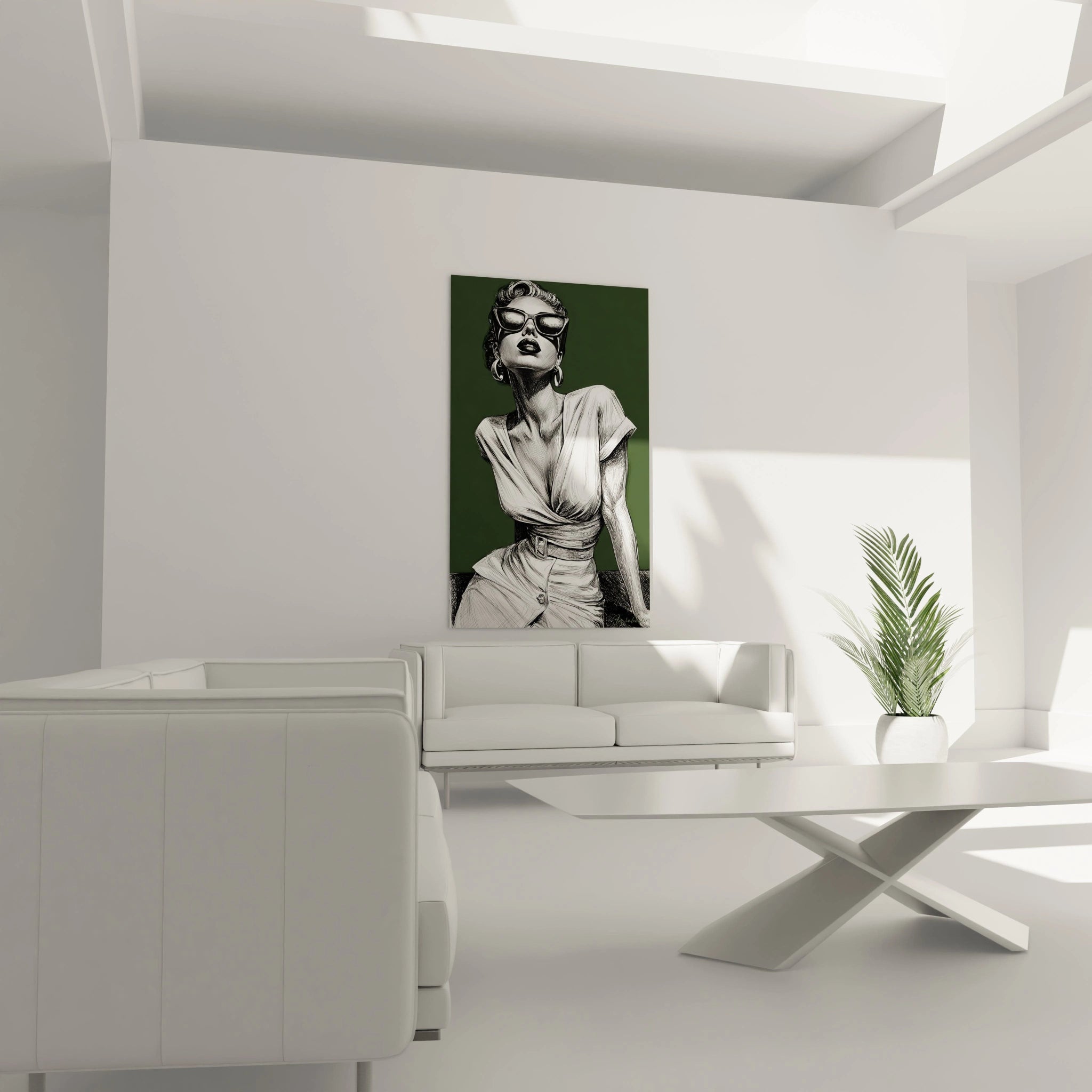 Tableau mural femme chic moderne en noir et blanc sur fond vert pour décoration intérieure élégante