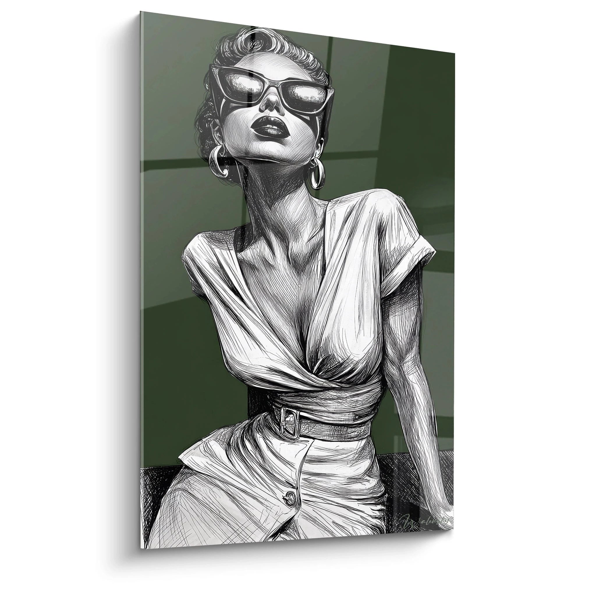 Tableau femme chic moderne en noir et blanc avec lunettes de soleil et robe élégante