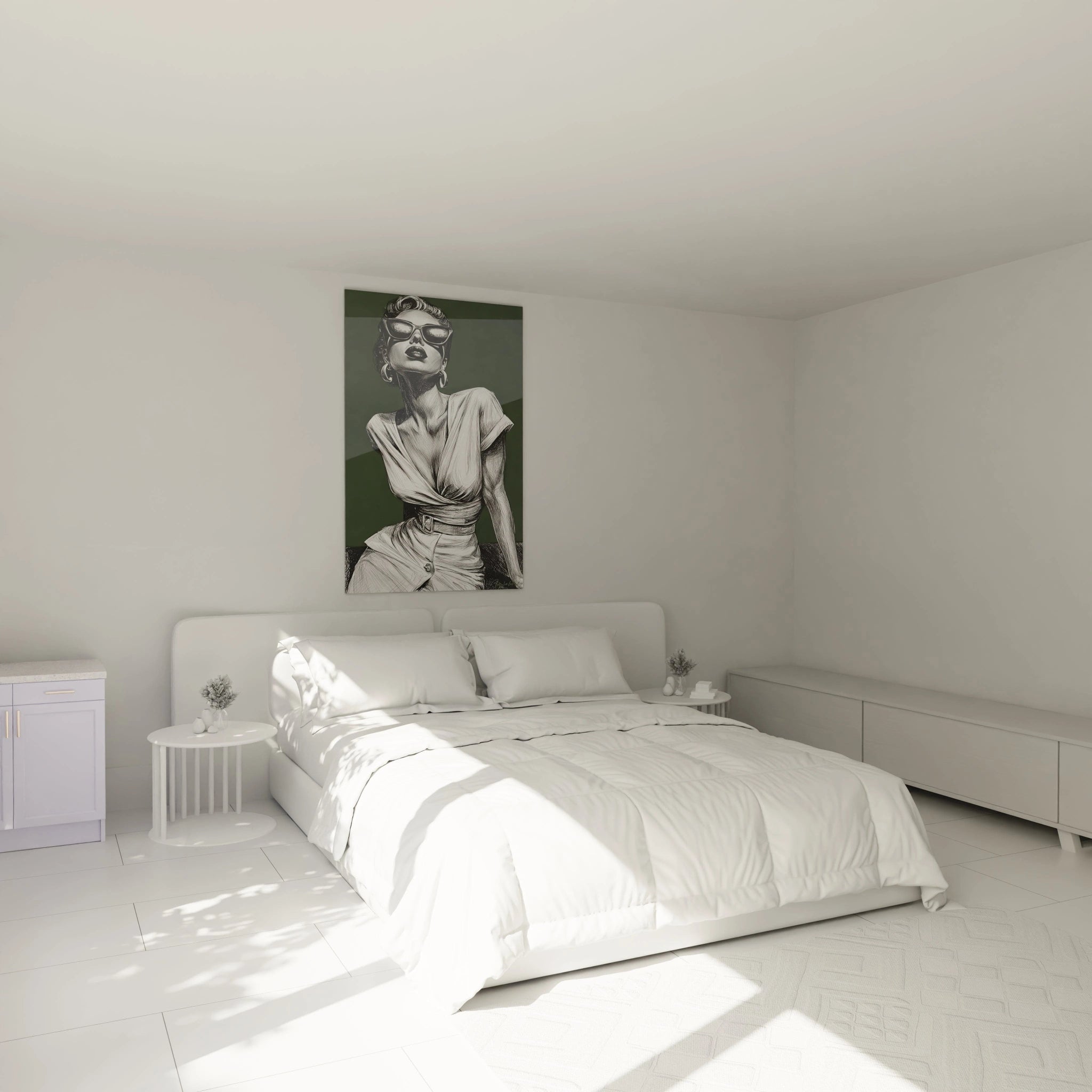 Tableau femme chic moderne sur un mur de chambre avec lit blanc et mobilier minimaliste