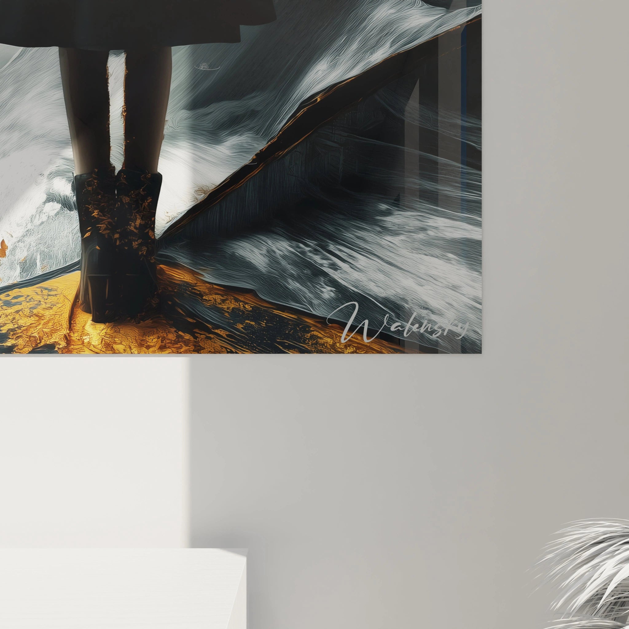 Tableau mural Walensky représentant jambes d une femme en bottes sur sol orange stylisé tableau halloween femme citrouille