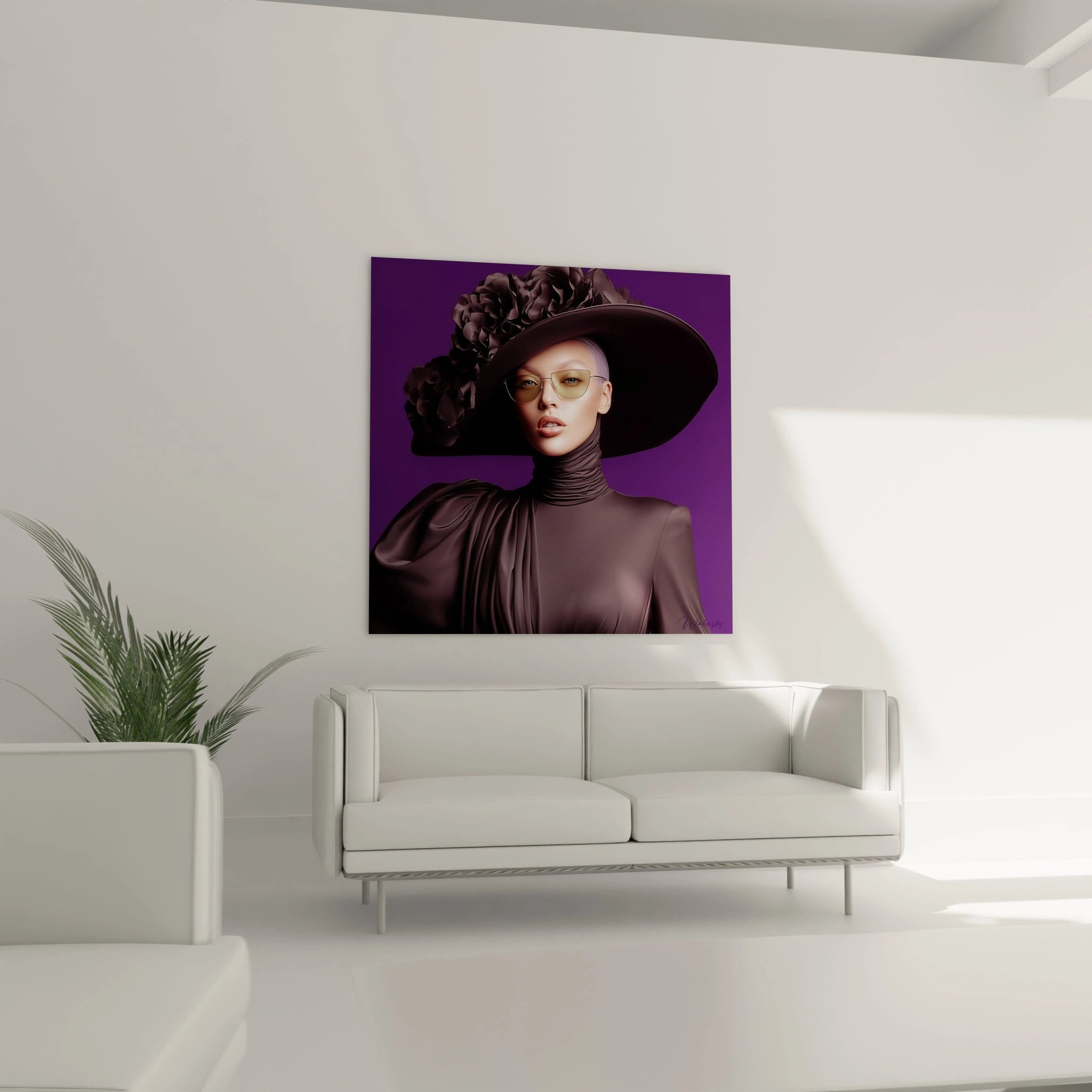 Tableau mural femme élégante avec un chapeau chic et des lunettes de soleil sur fond violet