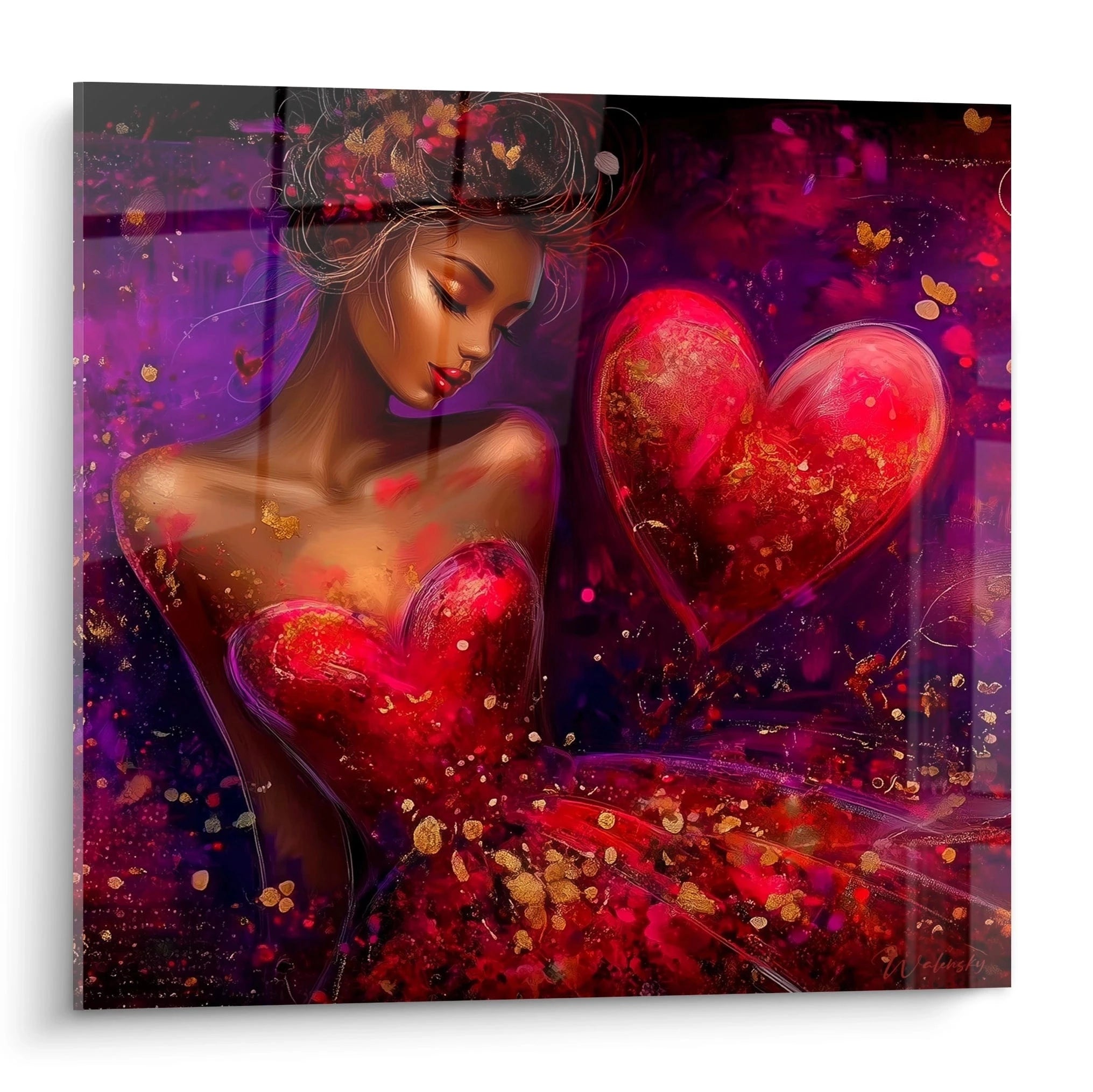 Tableau mural Walensky d une femme stylisee en robe coeur rouge avec coeurs et ornement tableau femme cœur désir