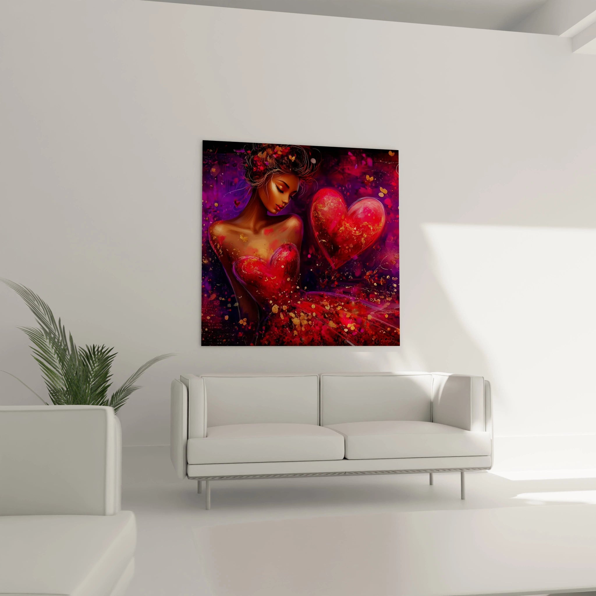 tableau femme cœur désir Walensky tableau mural coloré représentant femme romantique et grands coeurs