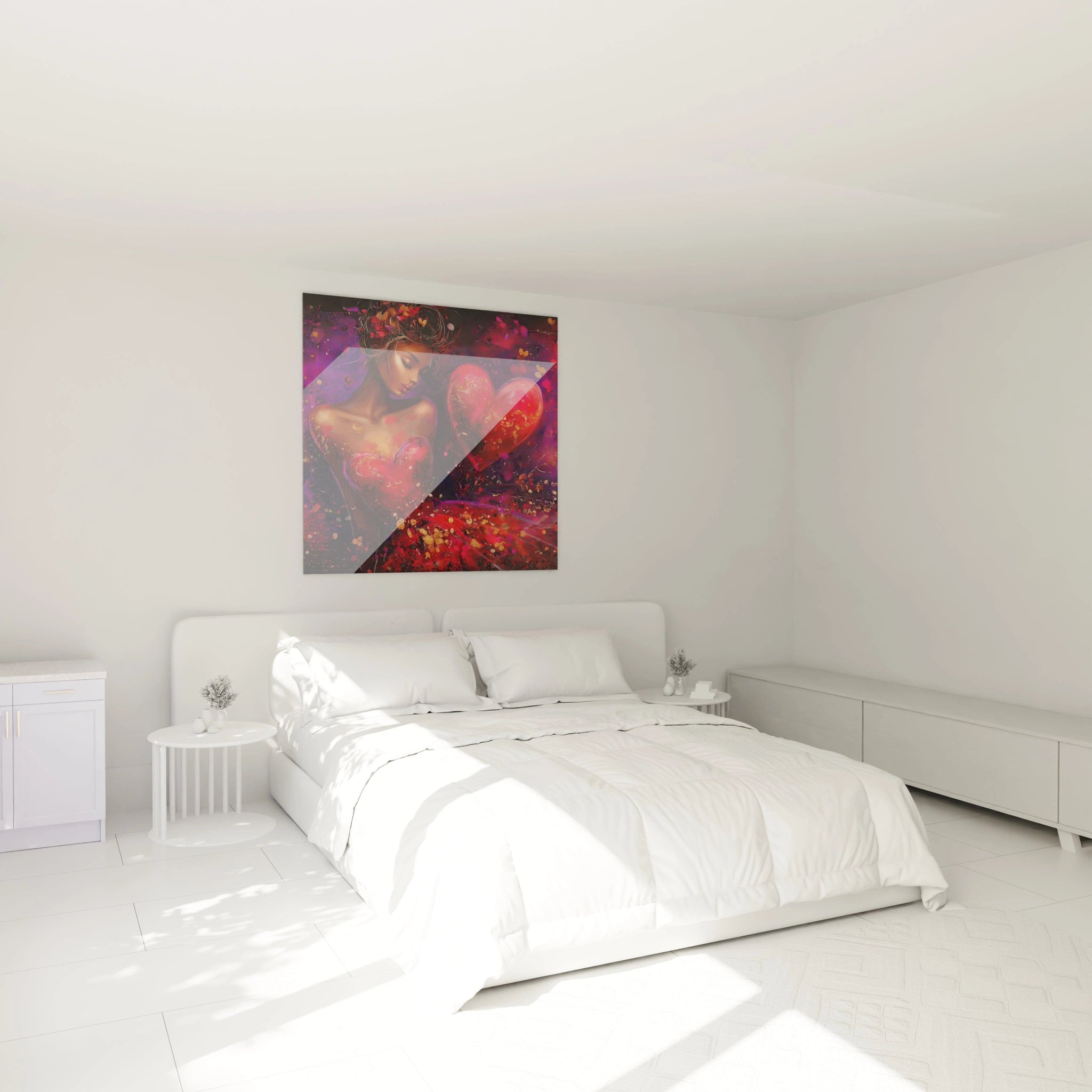 Tableau mural Walensky tableau femme cœur désir montrant une femme et un grand cœur rouge au dessus d un lit blanc minimaliste