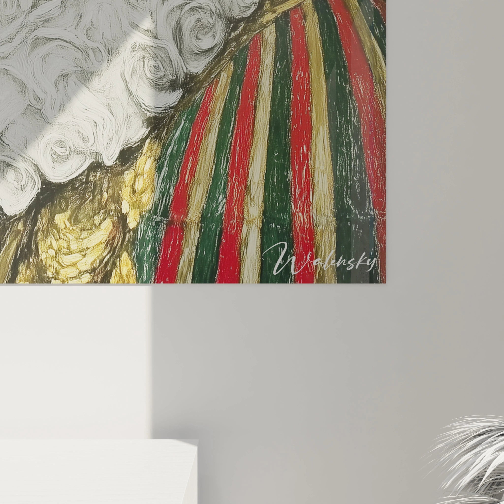 tableau femme collerette blanche Walensky peinture murale signature visible rayures rouges vertes et or