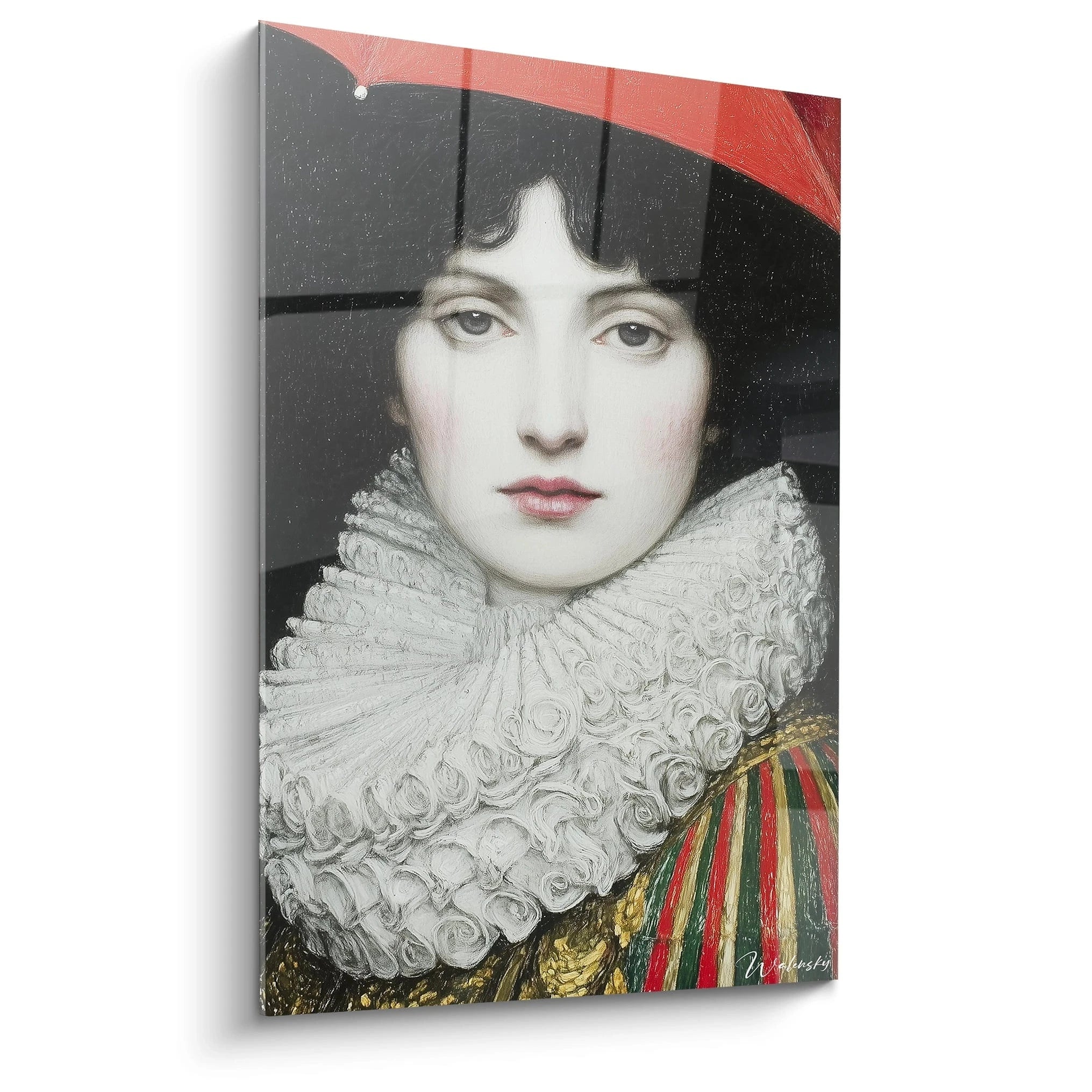 tableau femme collerette blanche Walensky représentant une aristocrate au chapeau rouge et robe rayée