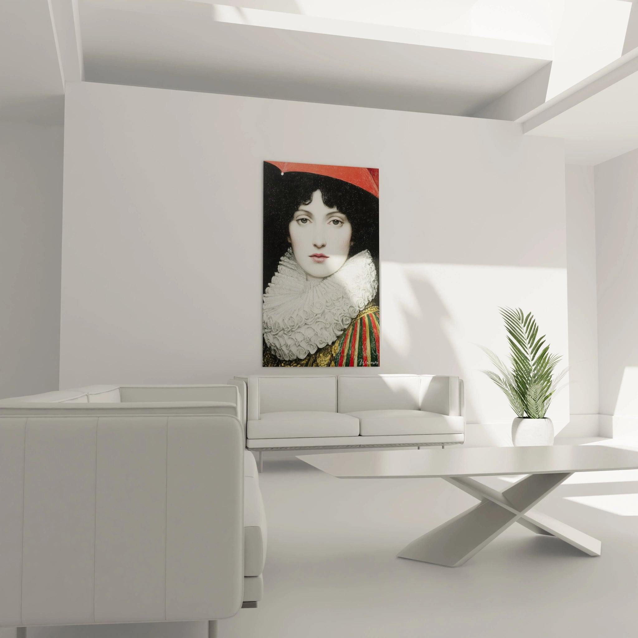 tableau femme collerette blanche Walensky portrait au chapeau rouge accroché au mur du salon minimaliste