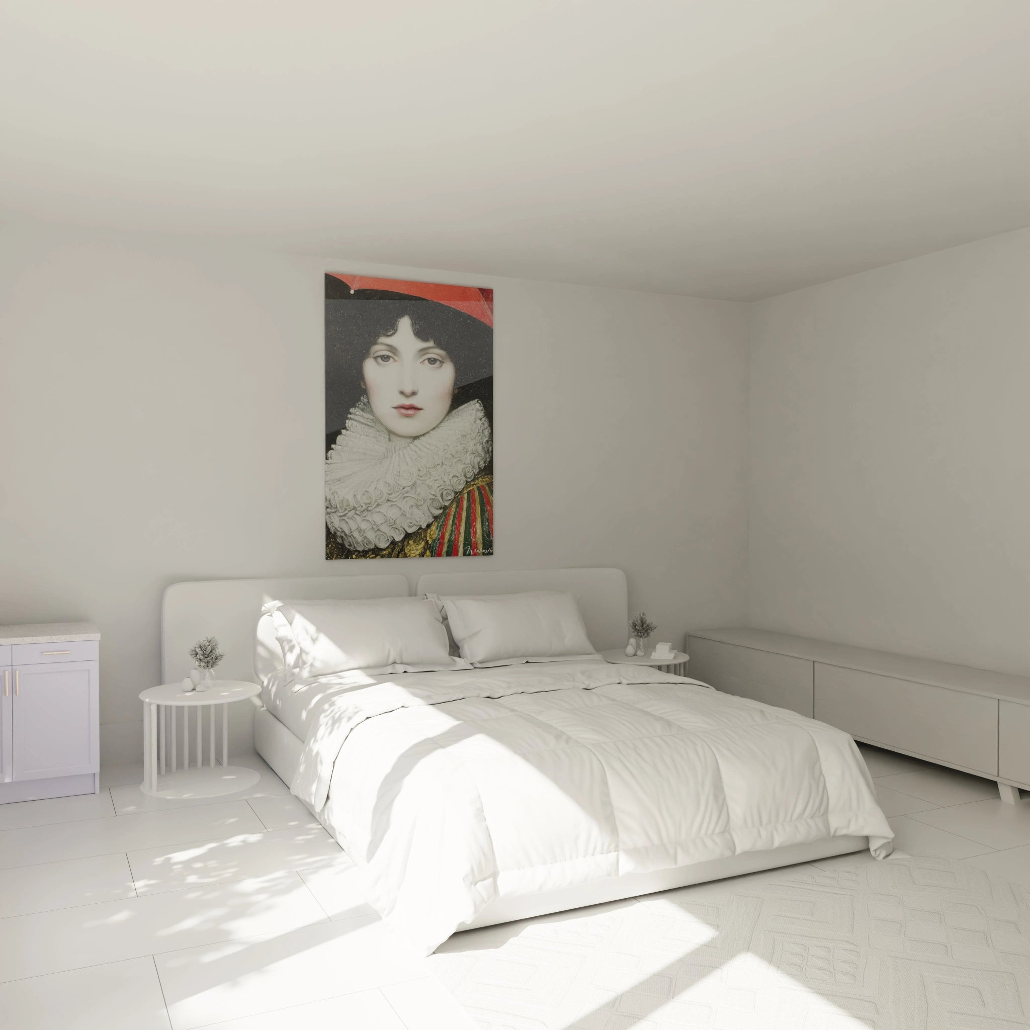 Chambre minimaliste lumineuse avec grand lit blanc et tableau femme collerette blanche Walensky au dessus du lit