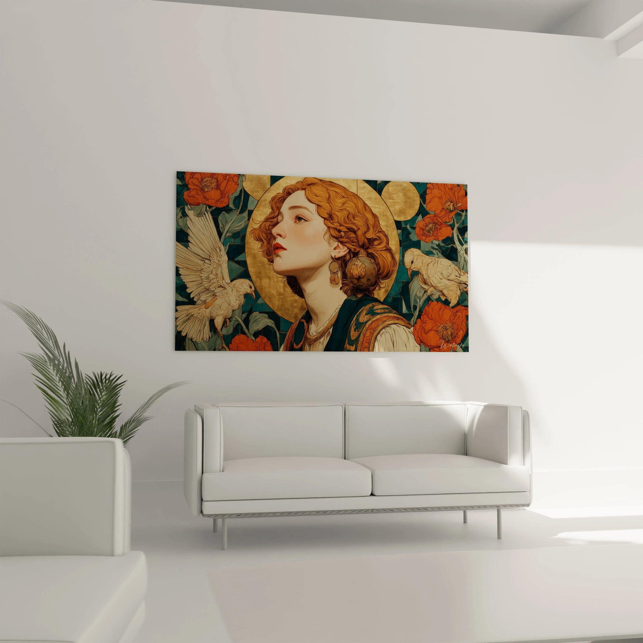 tableau femme art nouveau Walensky portrait de femme rousse avec oiseaux et fleurs sur fond dore dans salon moderne